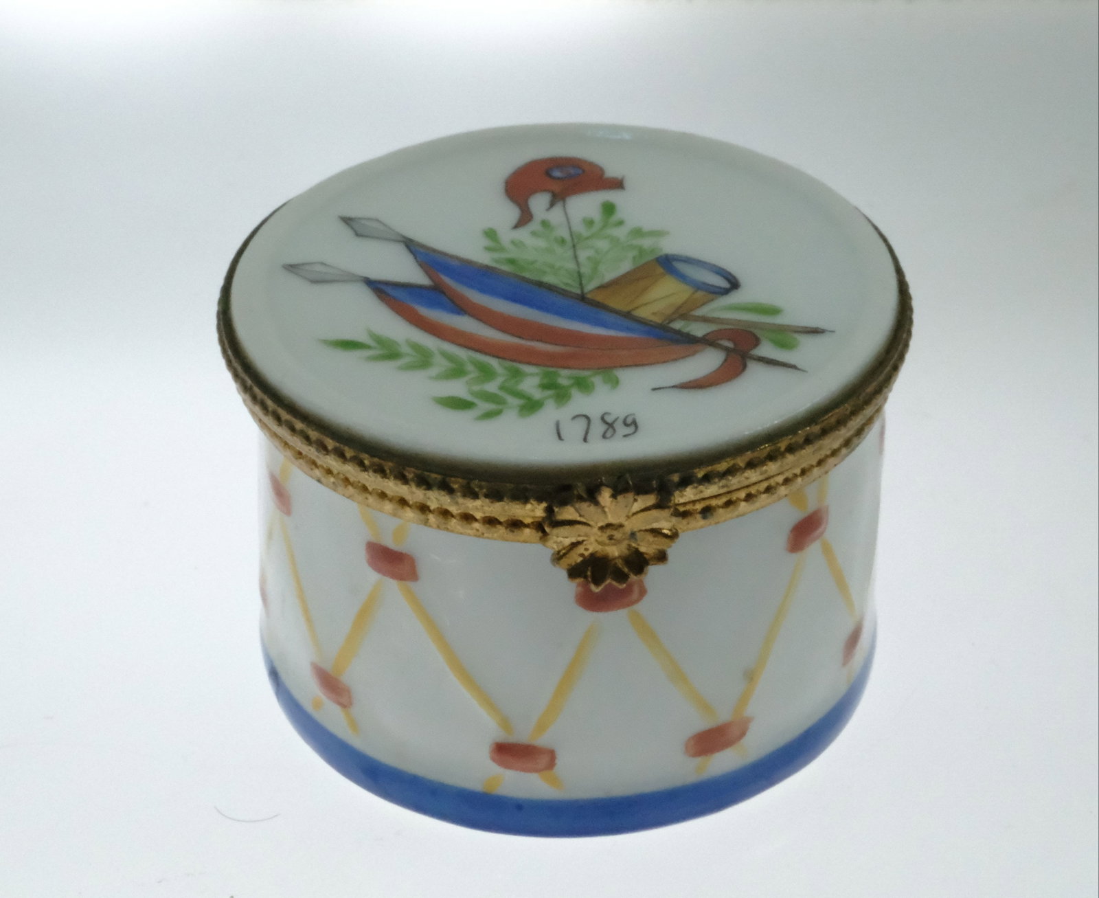 Limoge hinged-top Hand Painted Enamel Porcelain Drum Box: 1789 date in the design celebrates the French Revolution Size Diameter 5.5cm