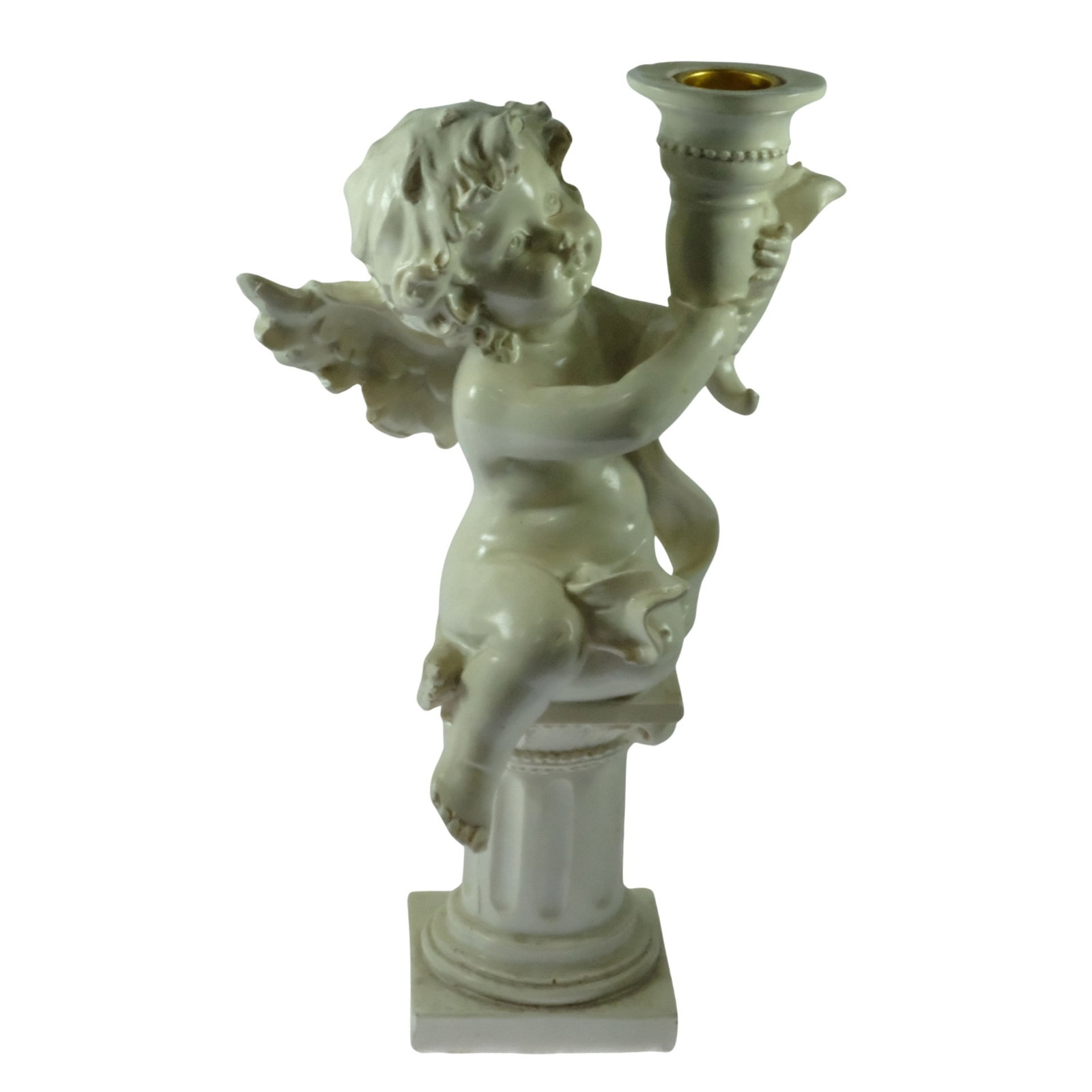 White-painted Plaster Cherub Pedestal Candle Holder: Useful Size Stands 25cm