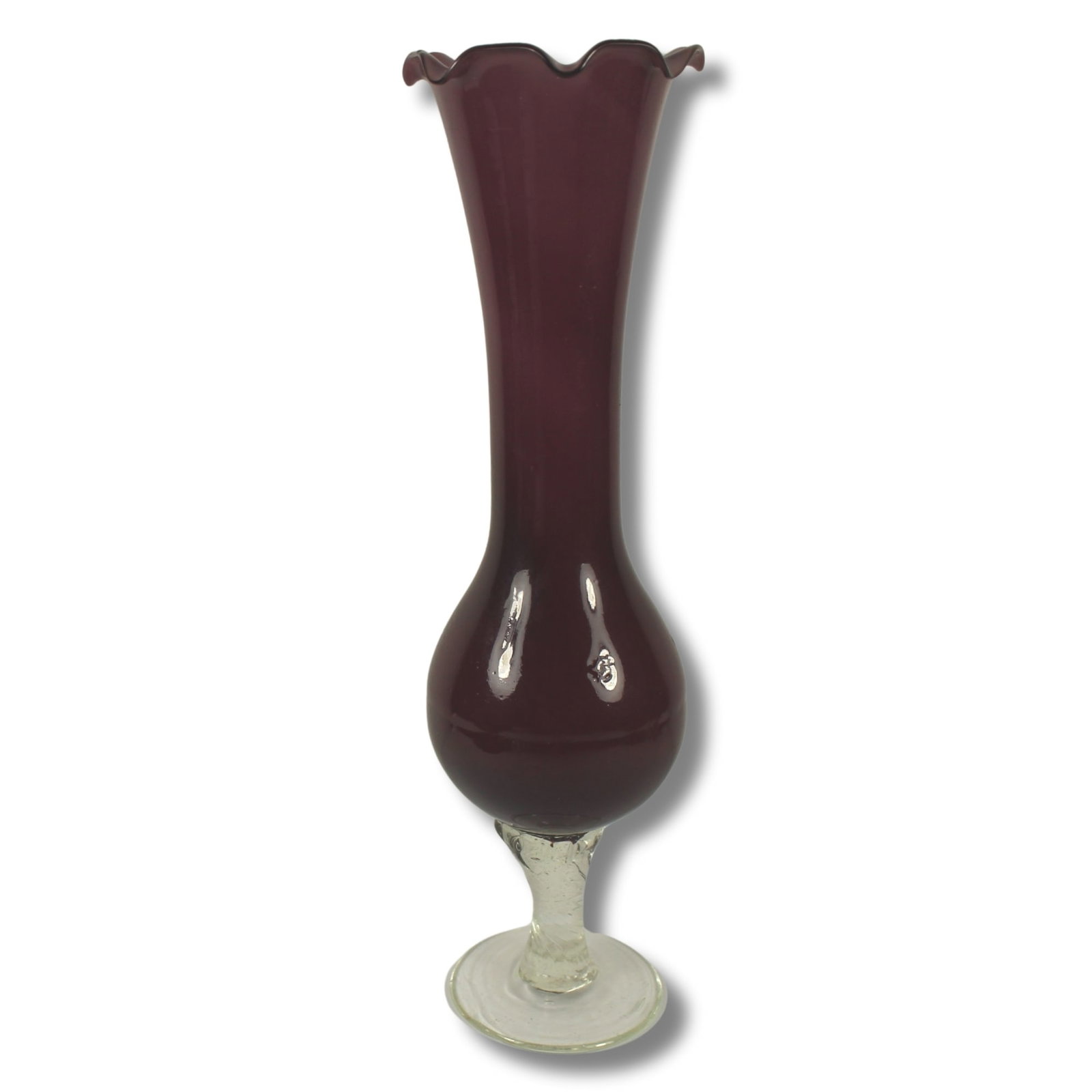 Cranberry Long Stem Fluted Vase: . Size Stands 20cm Medium Decor and Accessories