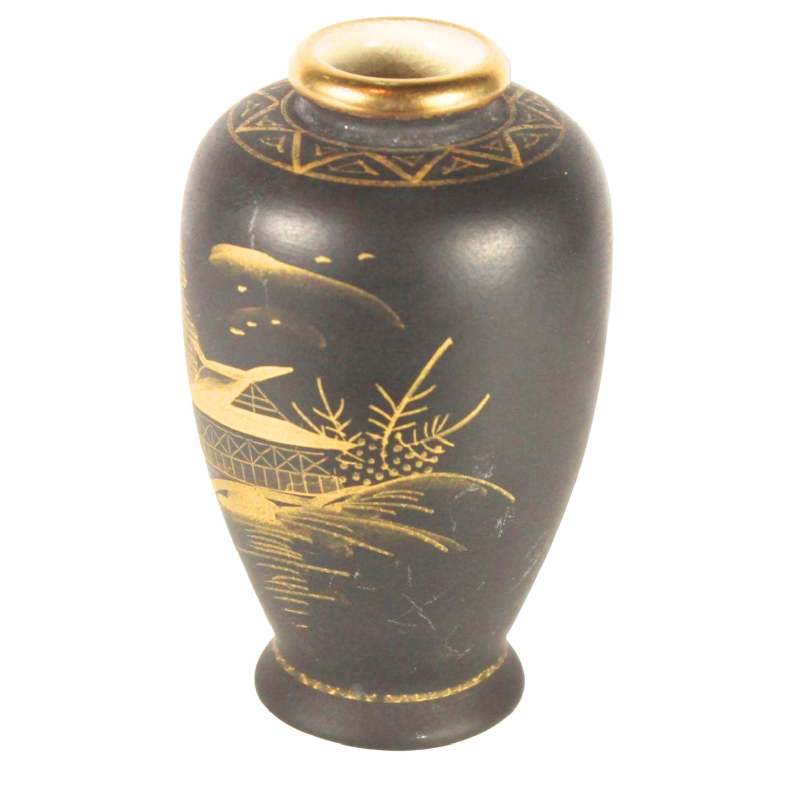 Small 'Royal Satsuma' Black Vase with Painted Gold Decoration: Exquisite Size Stands 8.7cm Medium Japanese