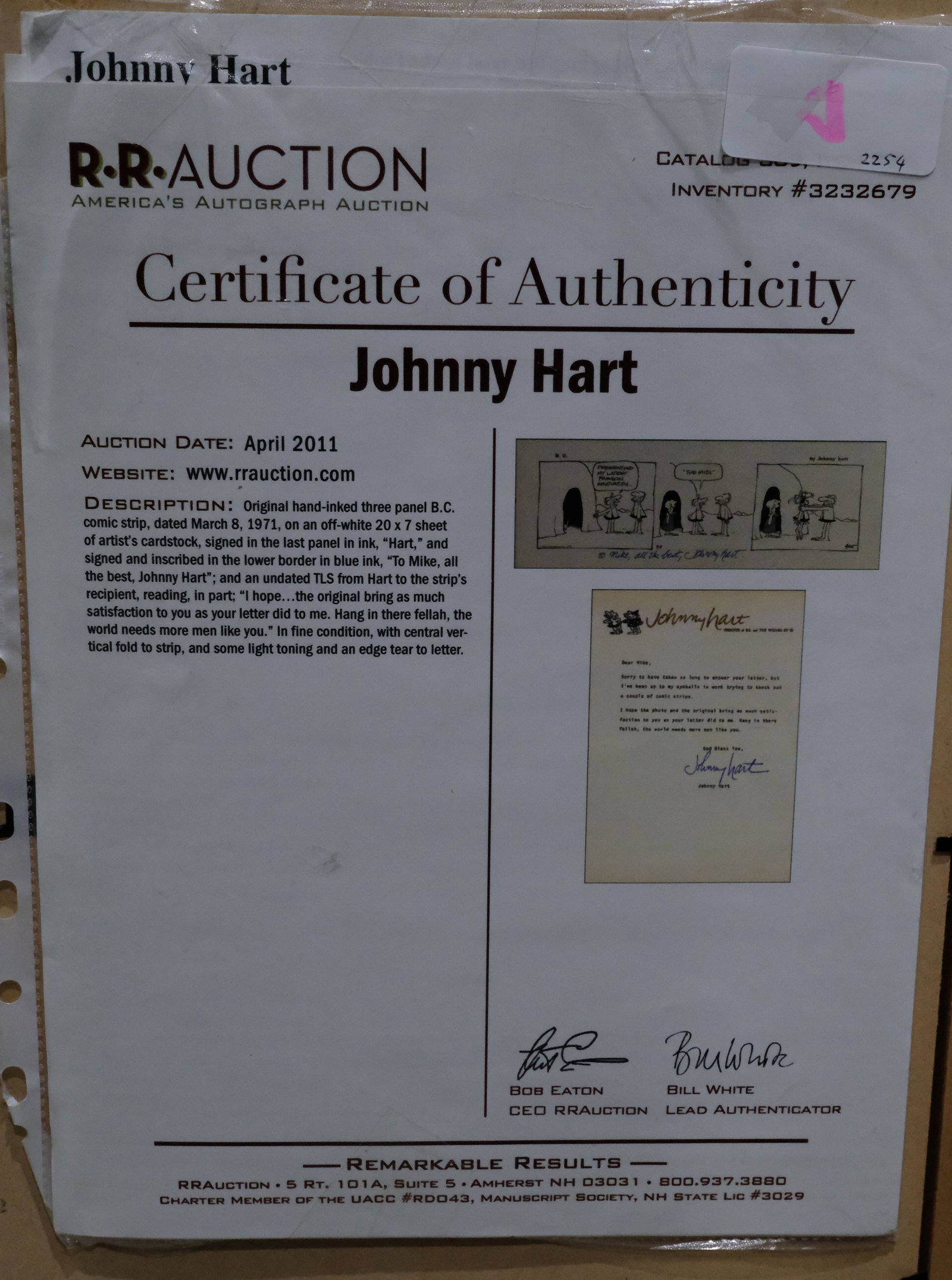 Johnny Hart autograph on a framed copy of his famous 'B.C.' comic strip - 2