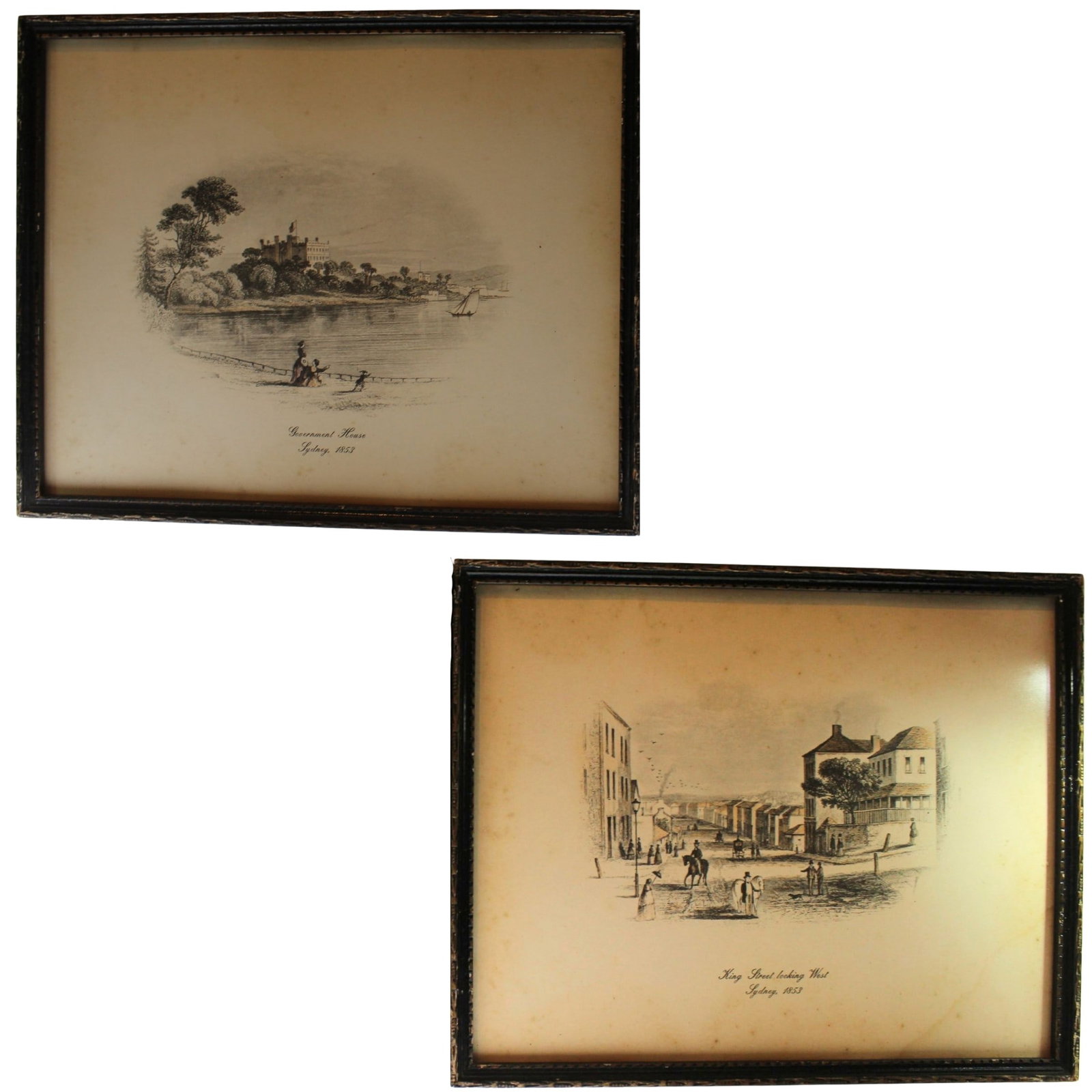Framed Vintage Prints of Sydney, 1853 (2 items): King Street looking West & Government House Size Frames measure 26x21cms Medium Prints
