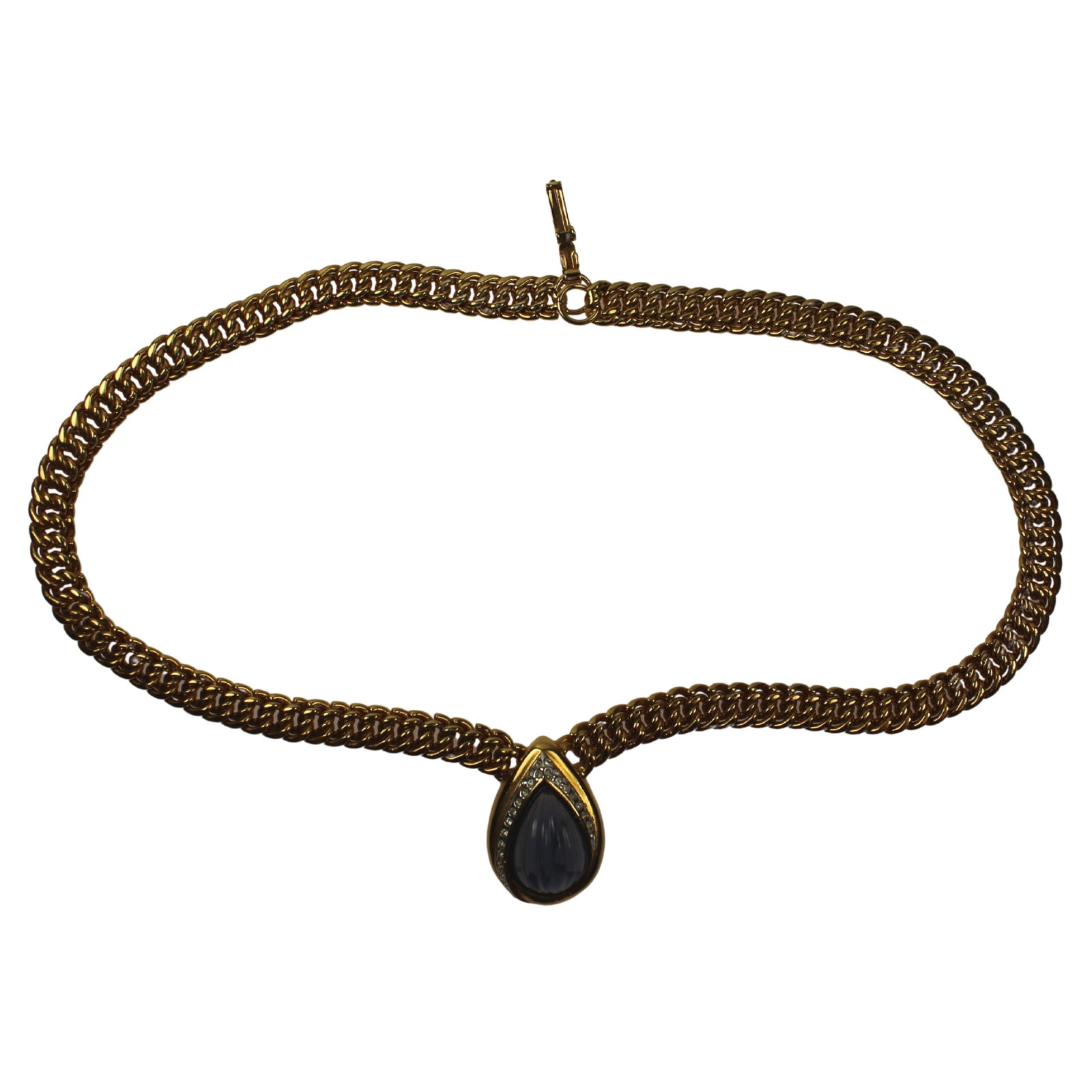 Gold-plated Costume Necklace with central carved Faux Sapphire: Quality Size Open length 40cms Medium Jewelry