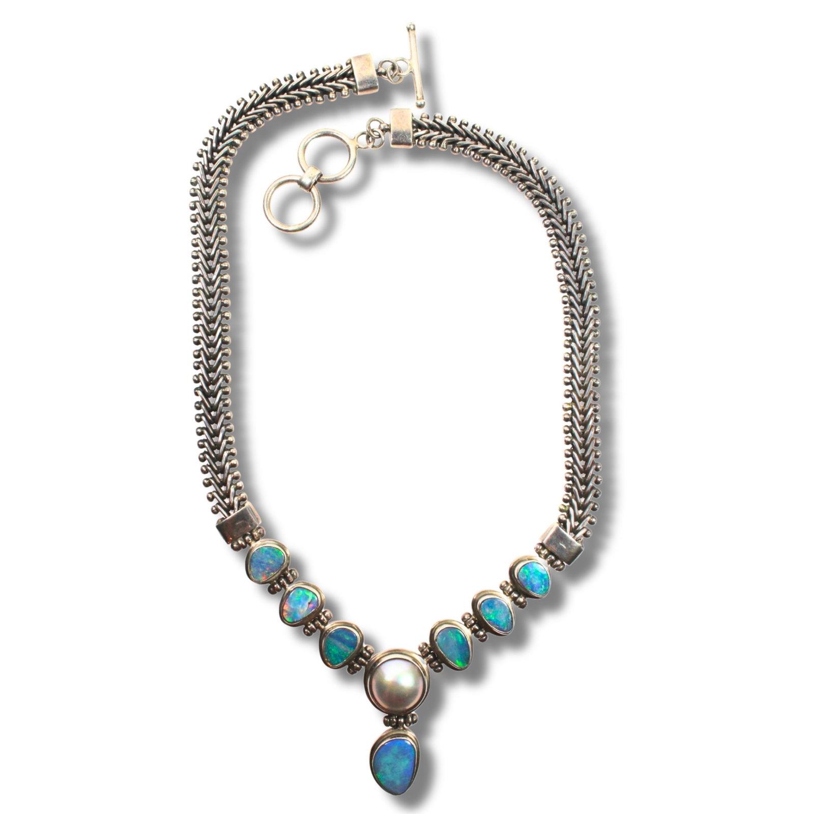 Designer Sterling (925) Silver Necklace with seven solid Black Opals with Mabe Pearl: Exquisite Size Open length 42cms Medium Jewelry