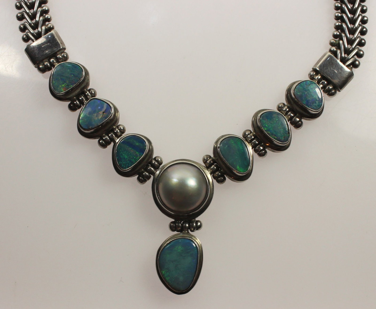 Designer Sterling (925) Silver Necklace with seven solid Black Opals with Mabe Pearl - 2