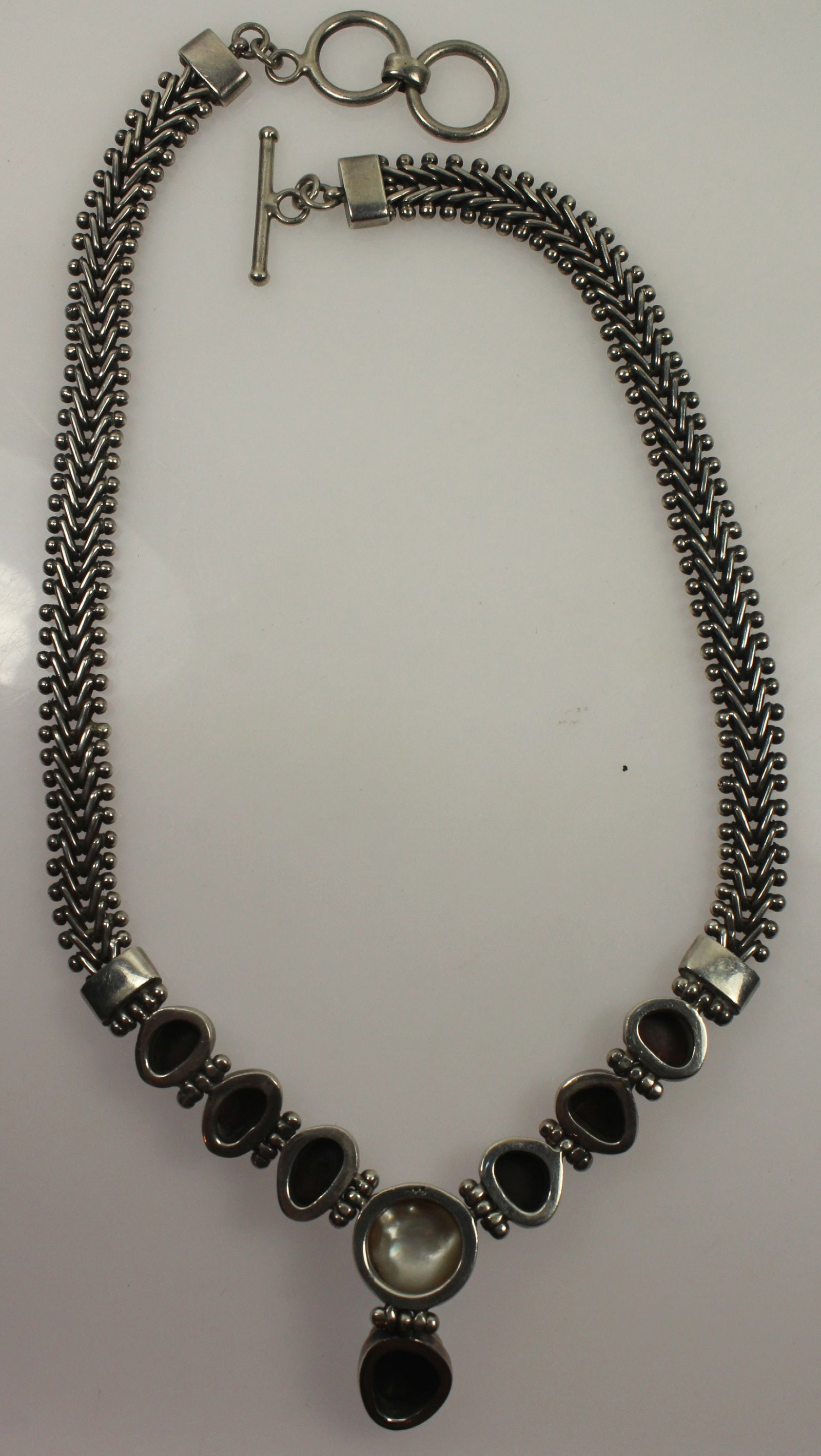 Designer Sterling (925) Silver Necklace with seven solid Black Opals with Mabe Pearl - 3