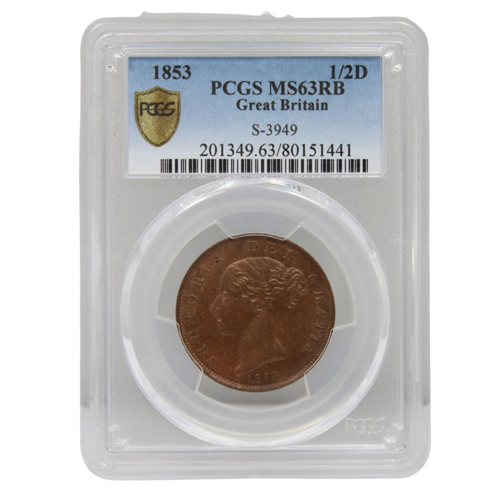 Great Britain 1853 Half Penny, PCGS MS63 RB, Choice Uncirculated: Victoria Medium Coins, Monies & Stamps