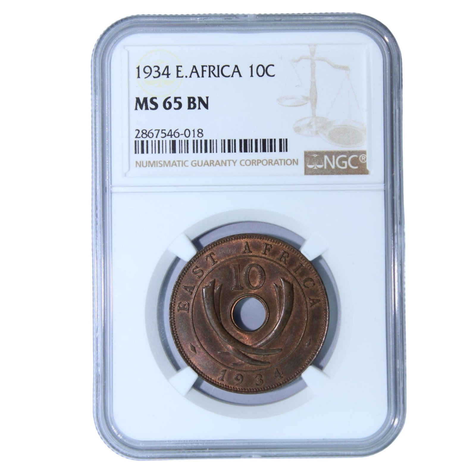 East Africa (British) 1934 (L) 10 Cent NGC MS 65 BN (1): Highest graded NGC MS 64 RB (1) 65 (1) 67 (1) & PCGS None Condition Attractive muted bloom Provenance Ex R.J. Ford Collection & Mark Freehill Collection