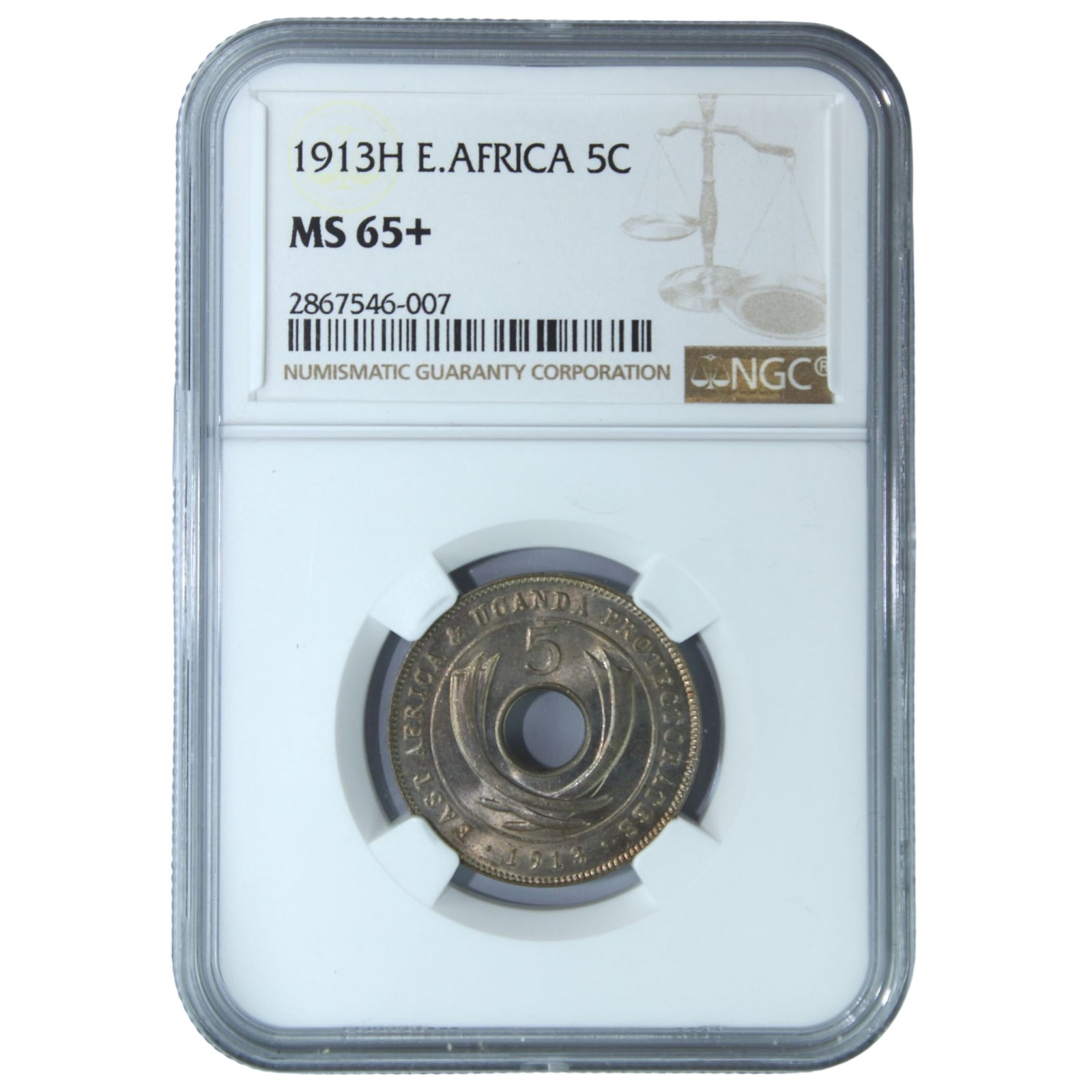 East Africa (British) 1913 H Five Cent NGC, MS65+ (Penultimate grade): Next highest graded NGC MS65 & PCGS MS66 (1) Condition Gem & only one coin graded higher Medium Coins, Monies & Stamps Provenance Ex Format, Birmingham & Mark Freehill Collection Literature NGC MS65