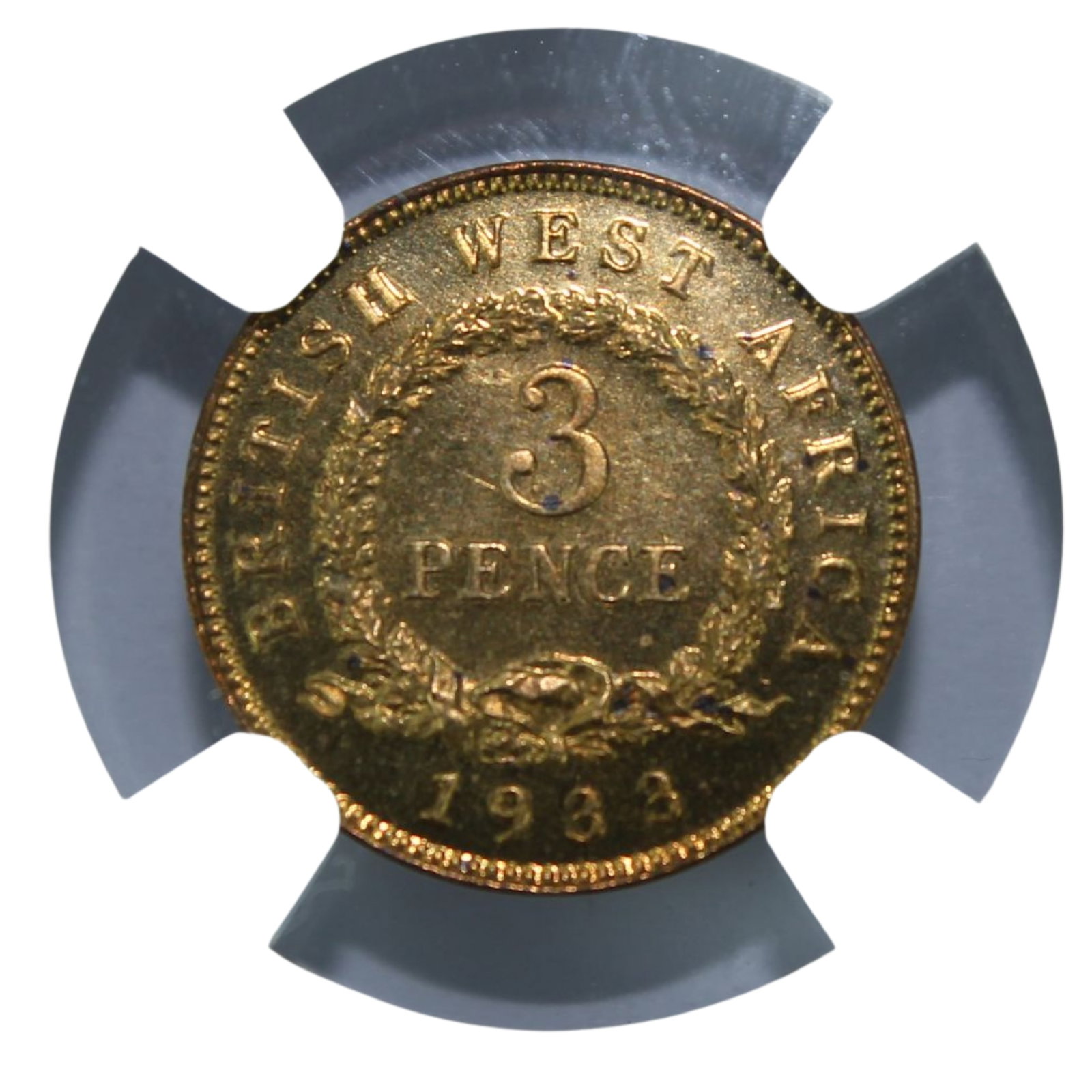 British West Africa 1933 (L) 'Proof' Threepence NGC PF64 Cameo (Pop 1): Highest NGC PF65 (1) & PCGS None Condition near Gem & finest graded Medium Coins, Monies & Stamps Provenance Ex Jerome Remick Collection (Spink 11/06 Part Lot 807 where it was described as a Proof