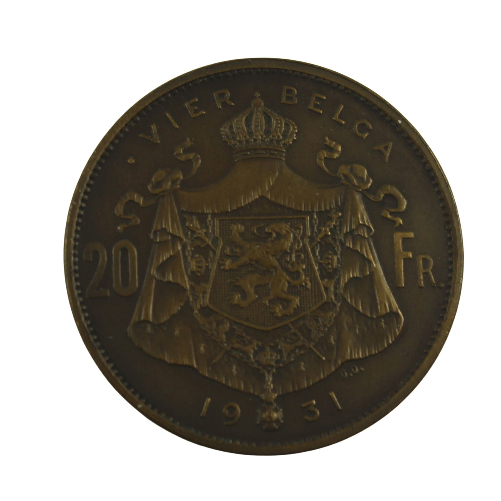Belgium 1931 Bronze Matte Pattern 20 Francs, about FDC: DER BELGEN' - Dutch Legend. Coin Alignment. Medium Coins, Monies & Stamps Exhibited Coins, Belgium