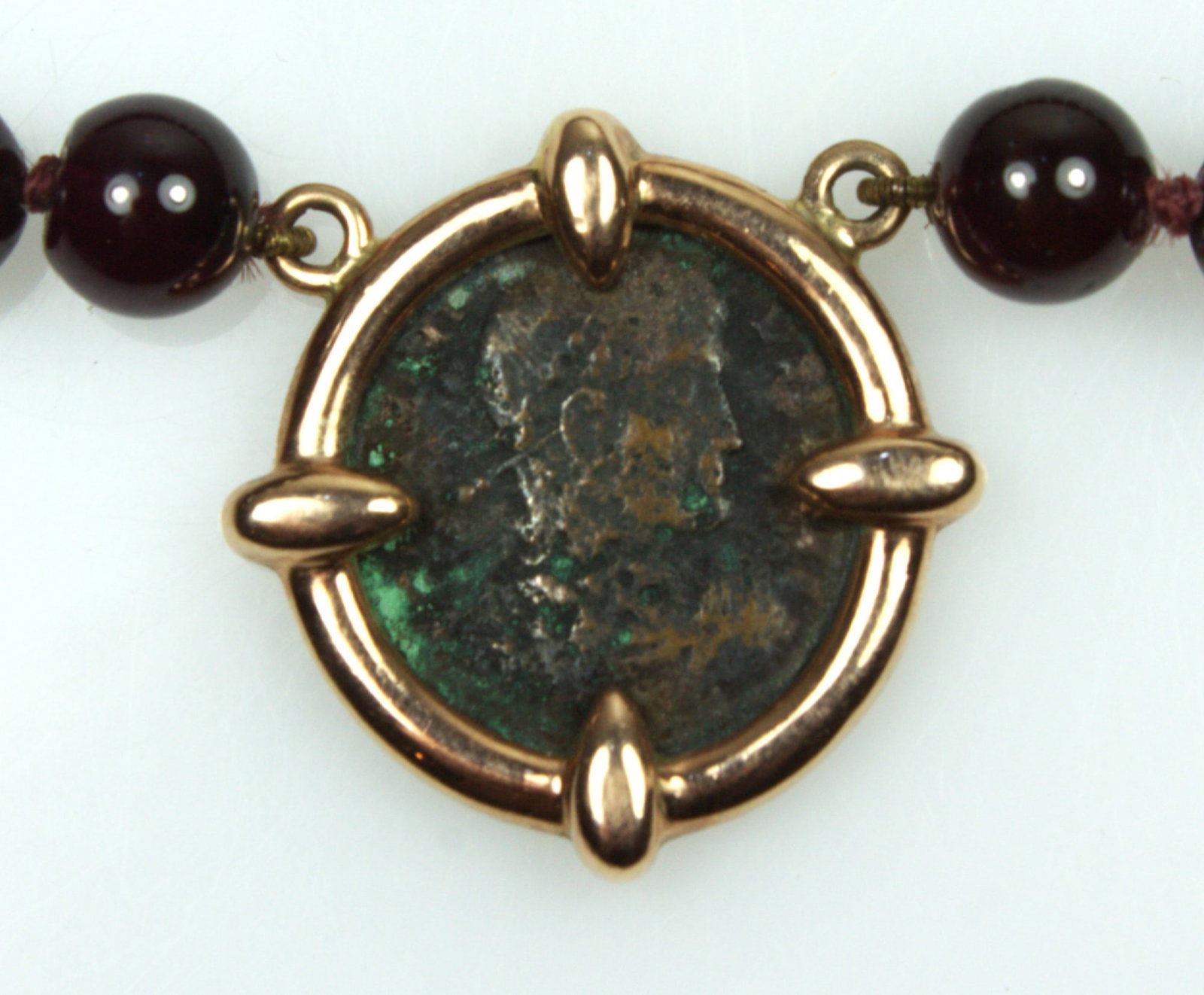 Bespoke Garnet Necklace supporting a Roman Ae Bronze Coin in 9ct Yellow Gold Surround - 2