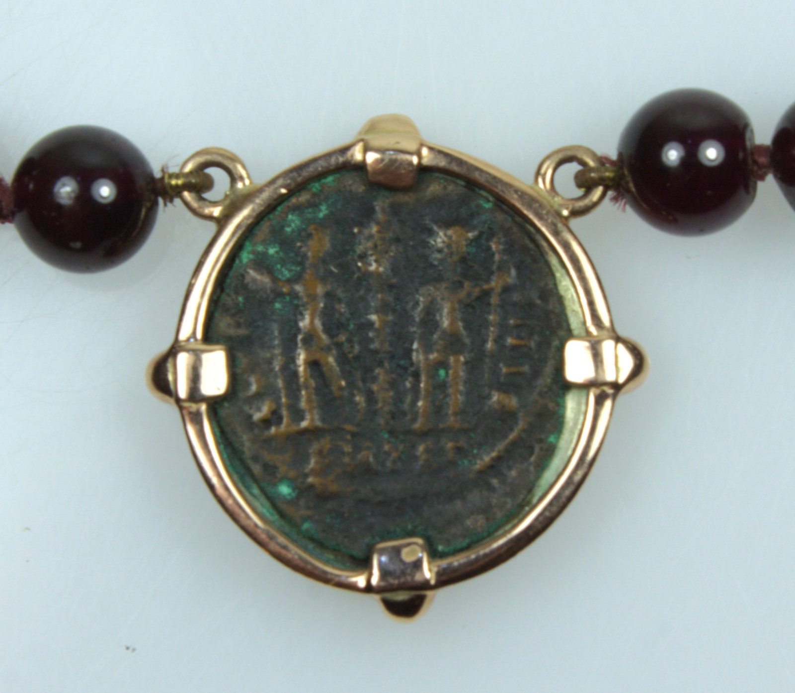 Bespoke Garnet Necklace supporting a Roman Ae Bronze Coin in 9ct Yellow Gold Surround - 3