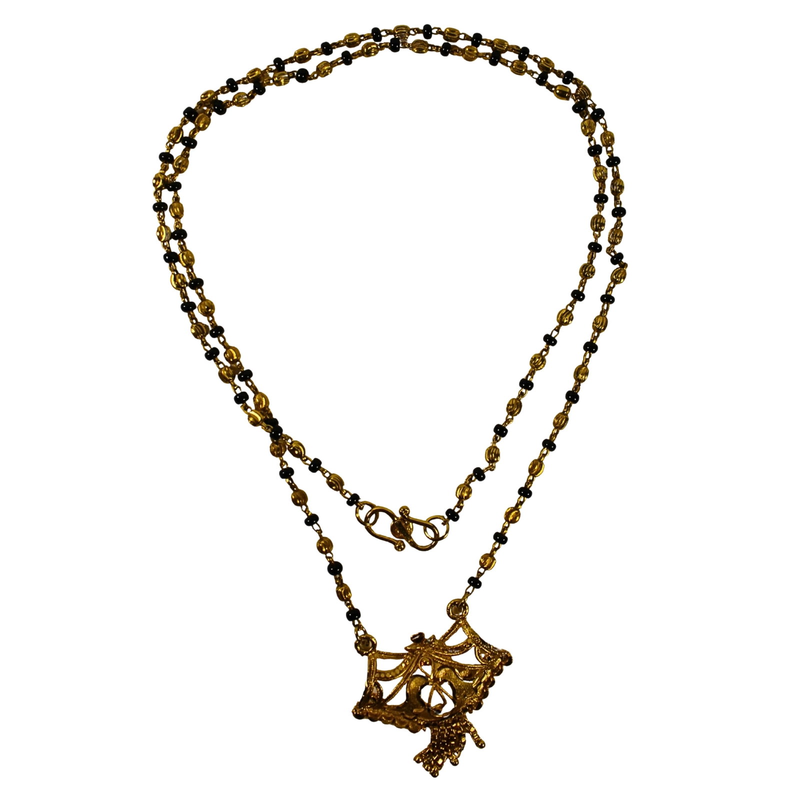 Intricate Asian-style Gold-finished Necklace interspersed with Black Glass Beads: . Size Open length 66cms Medium Jewelry Exhibited General