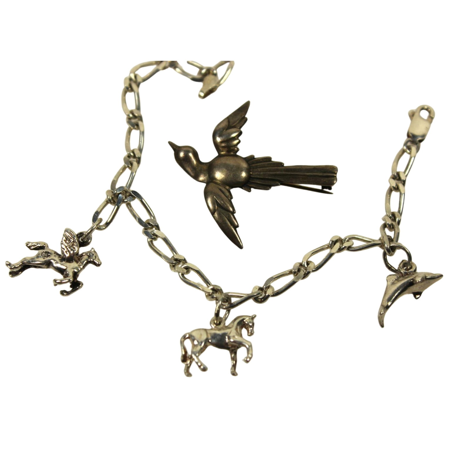 Sterling (925) Bracelet with Animal adornment & Dove Brooch (2 items): . Size Open Length 19cm : Combined weight 15.34gms Medium Jewelry