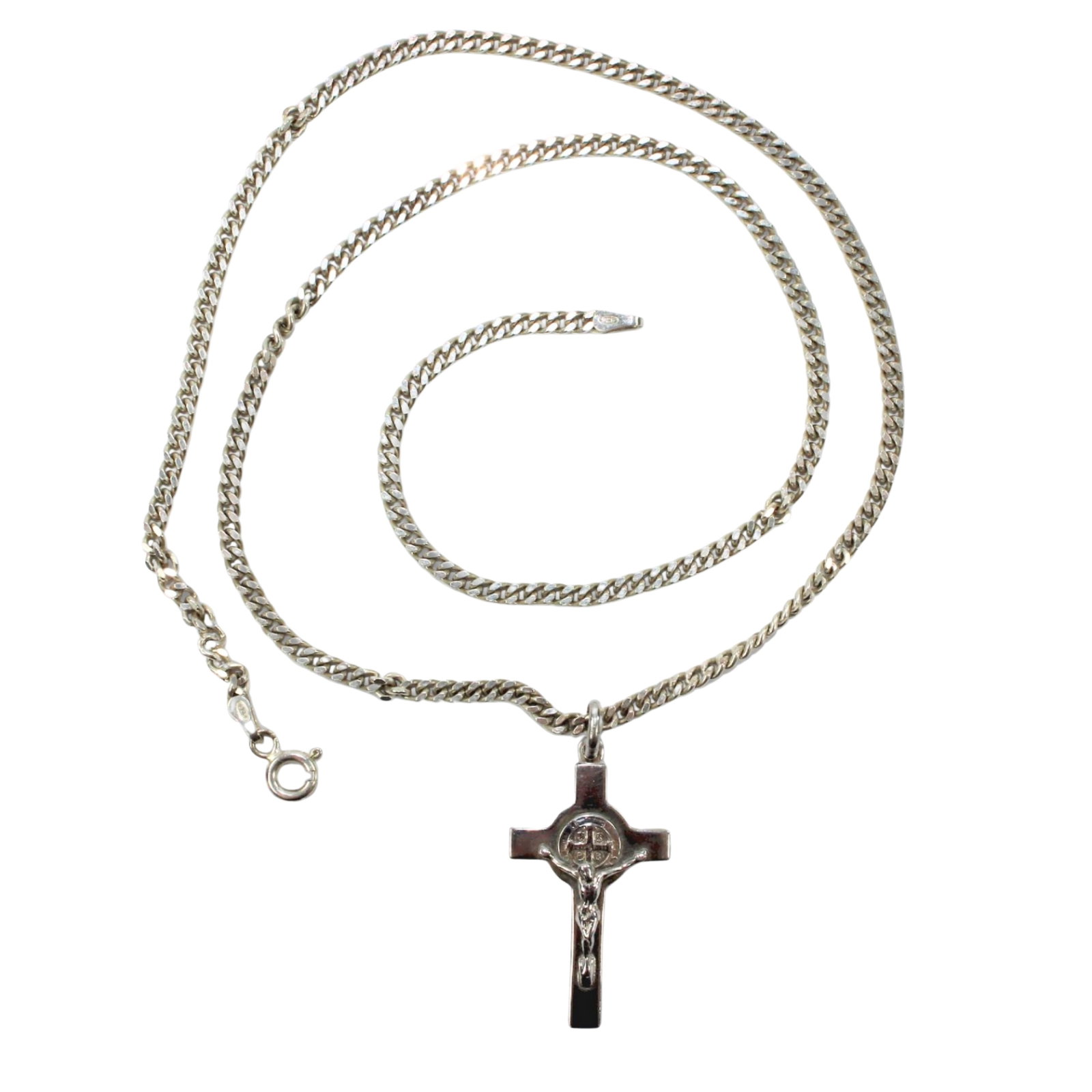 Sterling (925) Silver Crucifix with Matching Snake Chain: St Benedict the Patron Saint of Students on reverse Size Combined weight 12.41gms : Open length 50cms Medium Jewelry