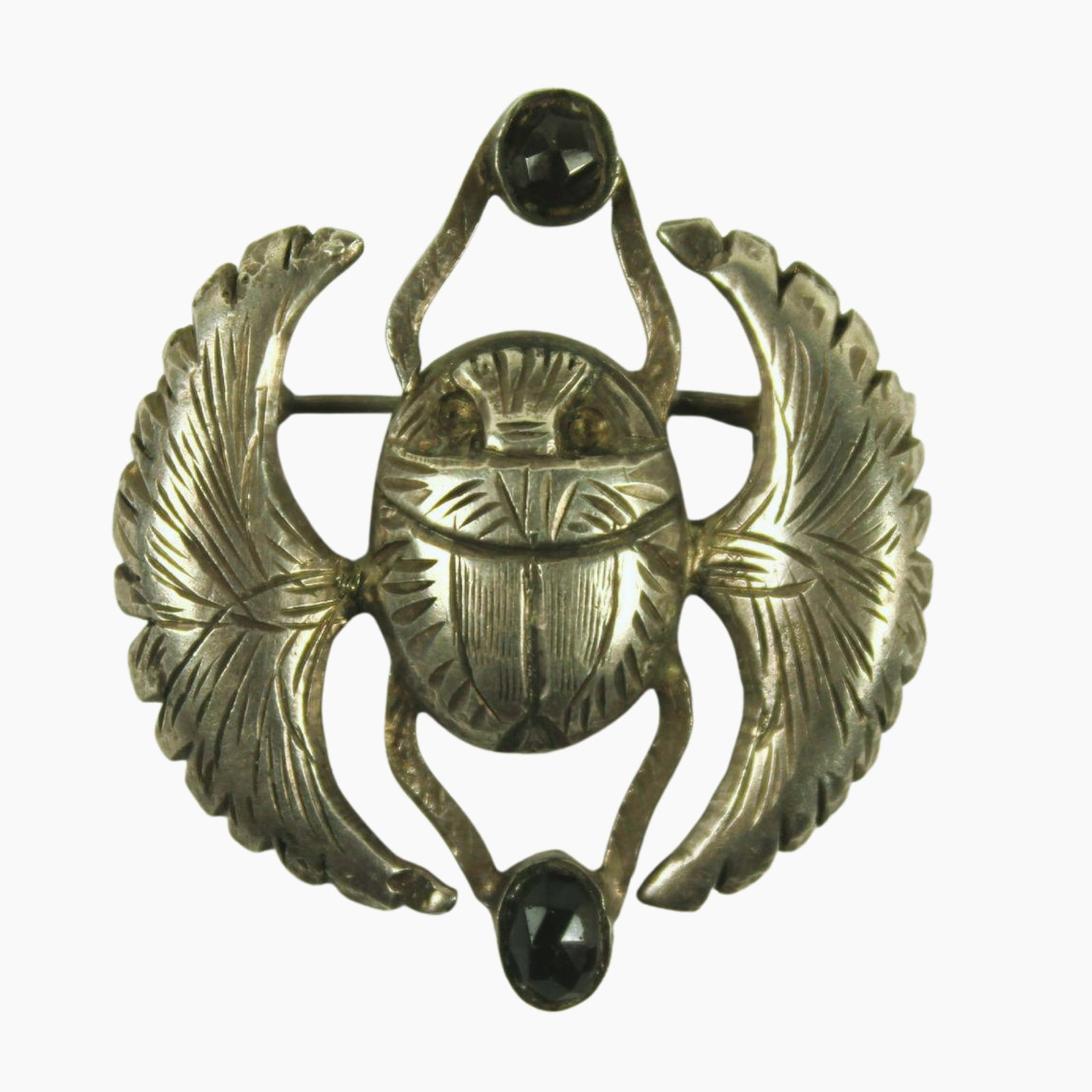 Vintage Scarab-style Beetle Brooch in Sterling (925) Silver: Adorned with two Rough-cut Garnets Size 5x4cms Medium Jewelry