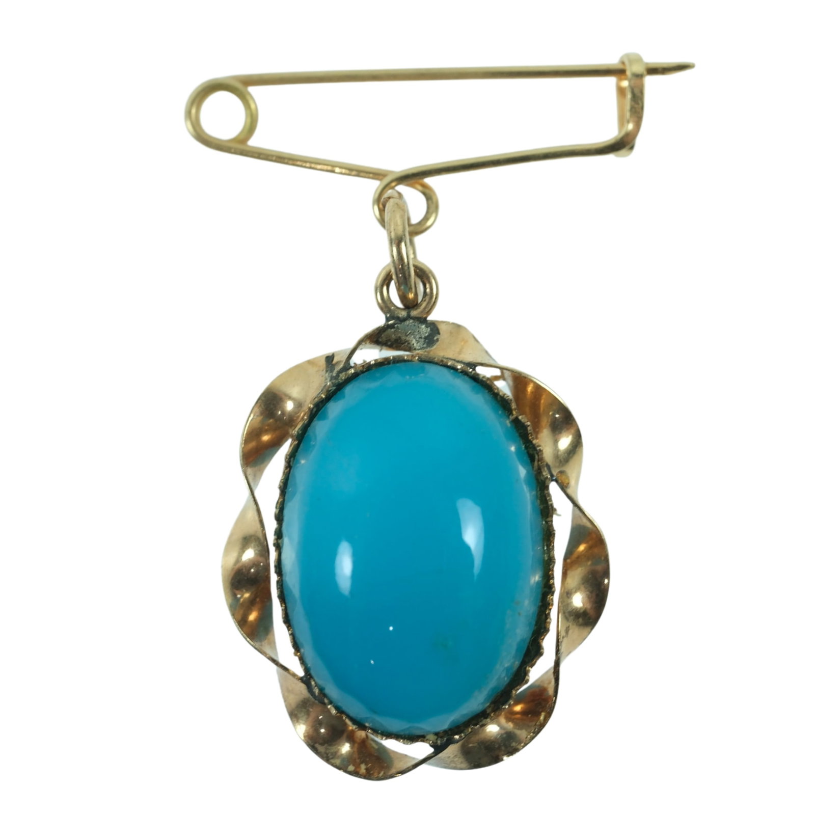 Turquoise-coloured Glass Pin Brooch in 9ct Yellow Gold: . Medium Jewelry