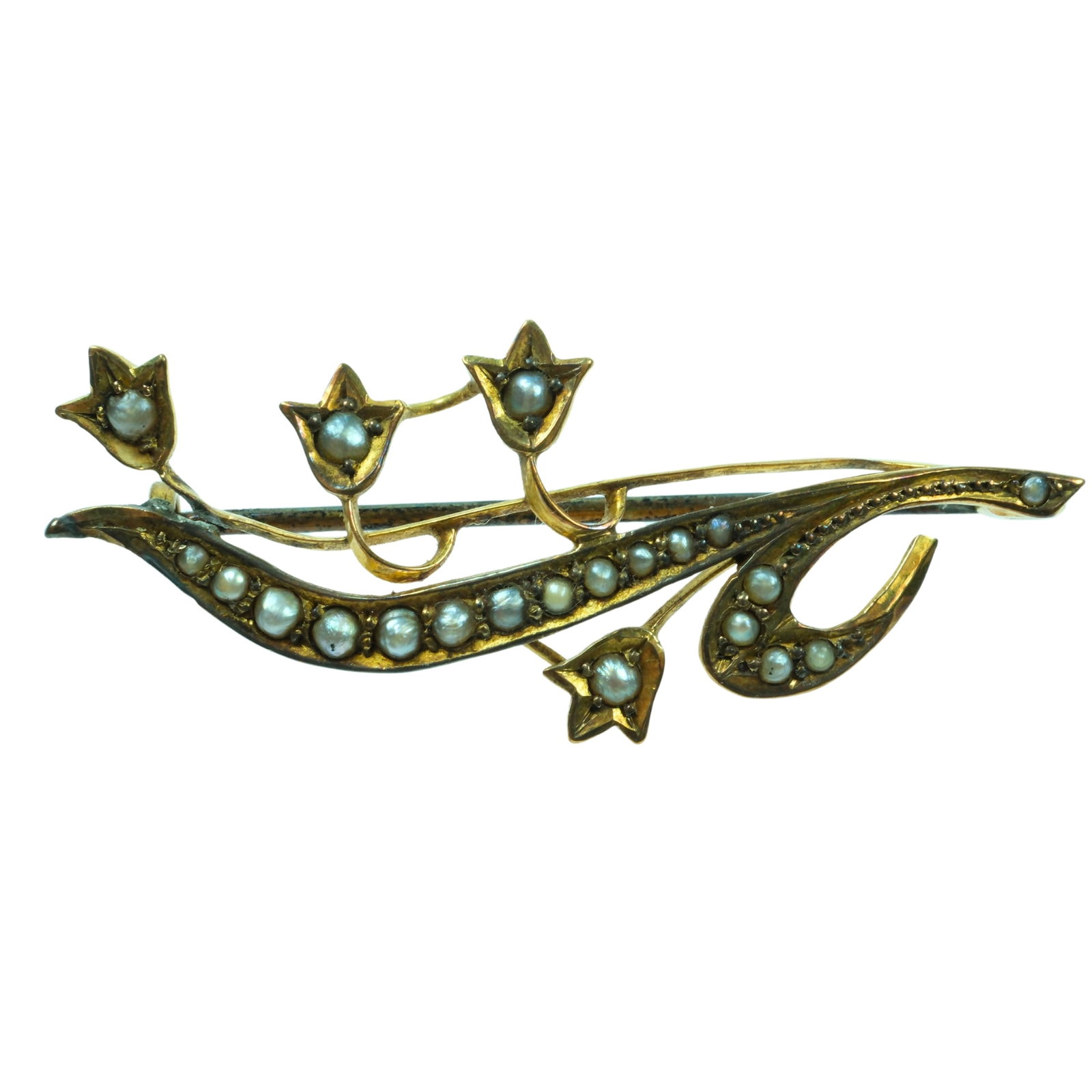 Stylish Floral Pattern Brooch in 9ct Yellow Gold with Seed Pearls: Edwardian Size Total weight 2.21gms Condition Pin is base metal Medium Jewelry