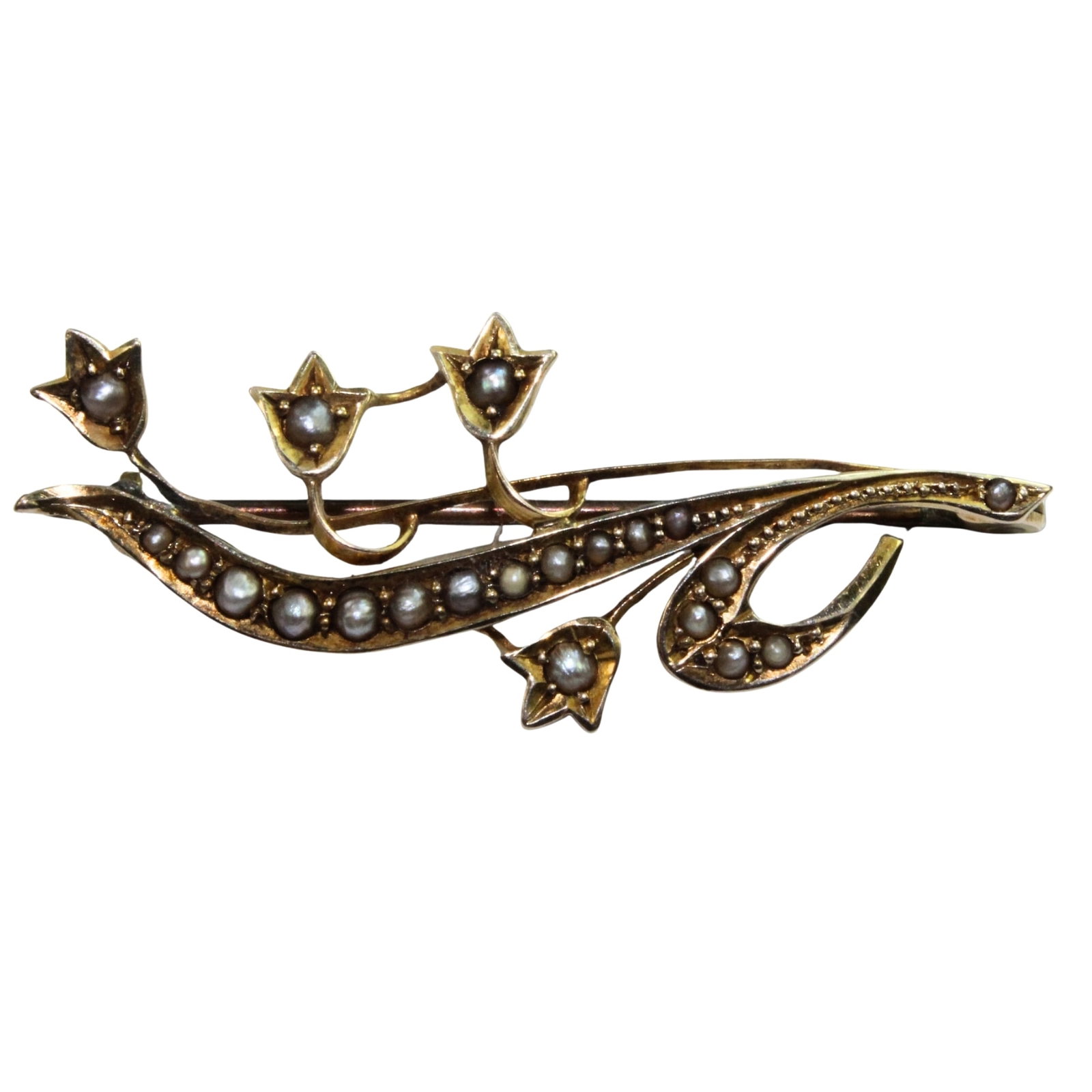 Stylish Floral Pattern Brooch in 9ct Yellow Gold with Seed Pearls - 3