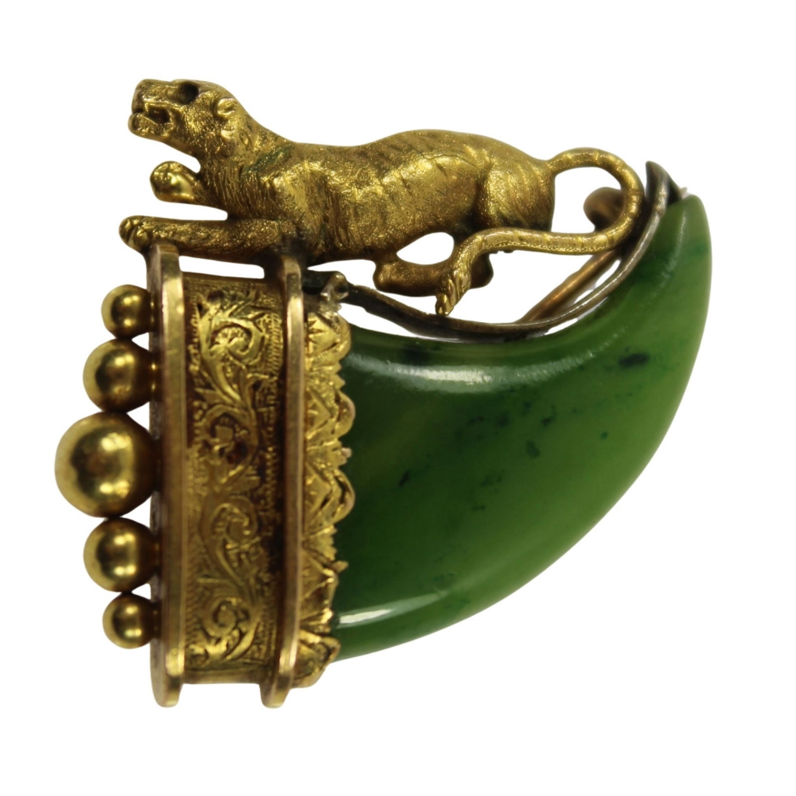 Indian Tiger Brooch in 17ct Yellow Gold featuring a Tooth shaped in Green Jade: Statement piece Size Total weight 7.71gms Medium Jewelry