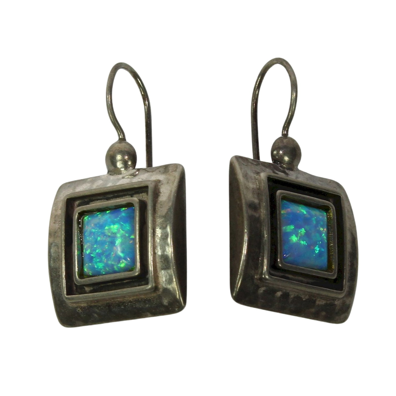 Synthetic Opal Hook Earrings square-set in beaten Sterling (925) Silver: . Size 3.3x1.7cms Medium Jewelry Exhibited General
