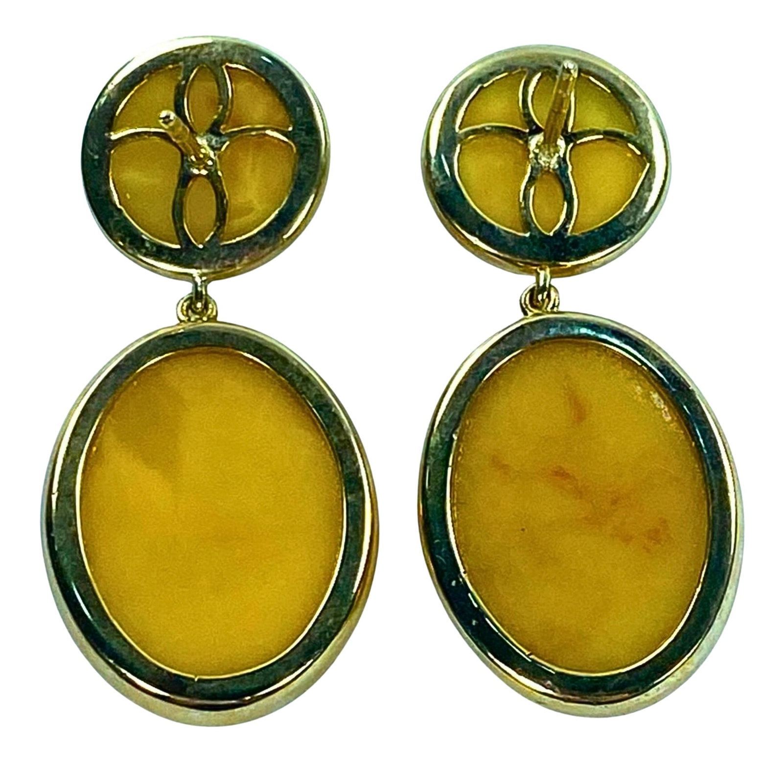 Butterscotch Amber Drop Earrings in 9ct Yellow Gold (Pair): Organic Size Combined Weight 8.12gms : Length 3.5cms Condition Missing backings Medium Jewelry