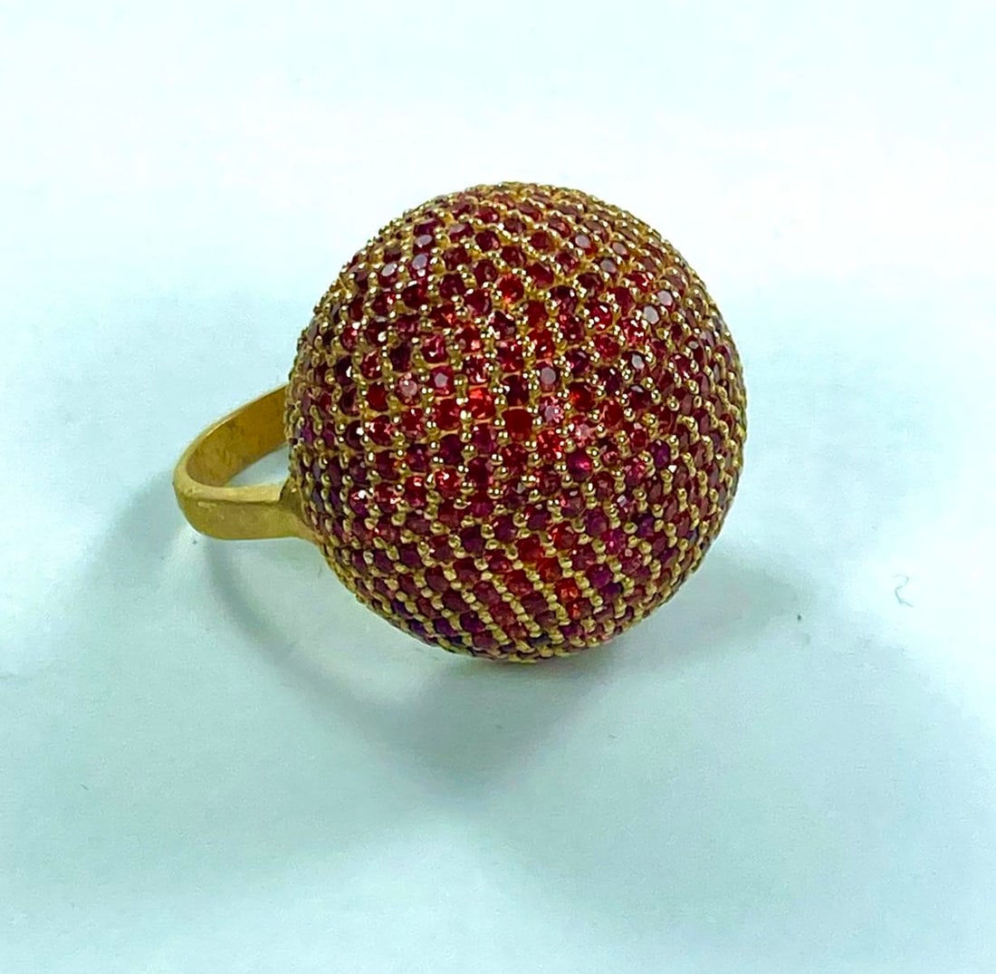 'Bombe Ring' in Gilt Sterling (925) Silver micro-set with Red Sapphires - 2