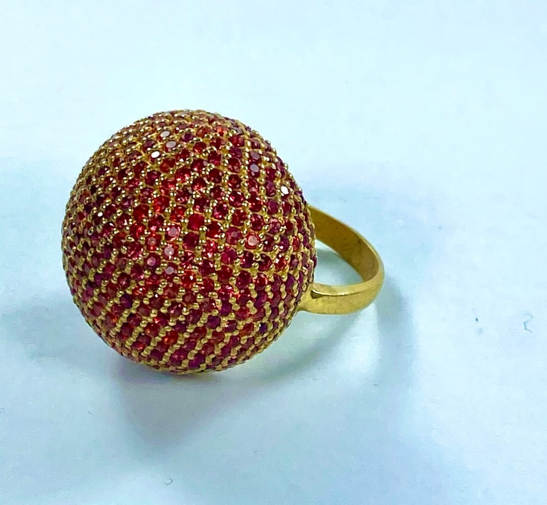 'Bombe Ring' in Gilt Sterling (925) Silver micro-set with Red Sapphires - 3