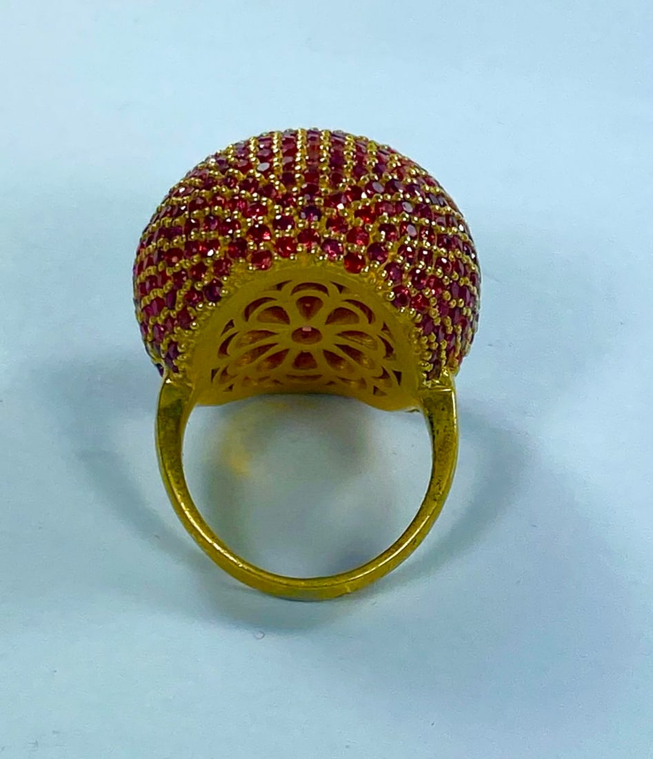 'Bombe Ring' in Gilt Sterling (925) Silver micro-set with Red Sapphires - 4