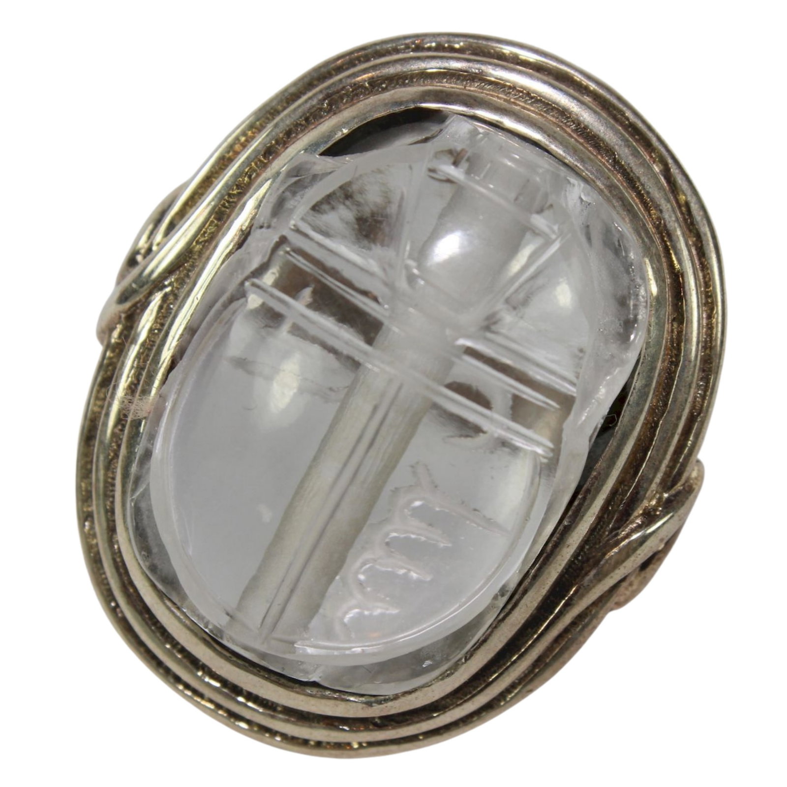 Carved Rock Crystal Scarab Ring in Sterling (925) Silver