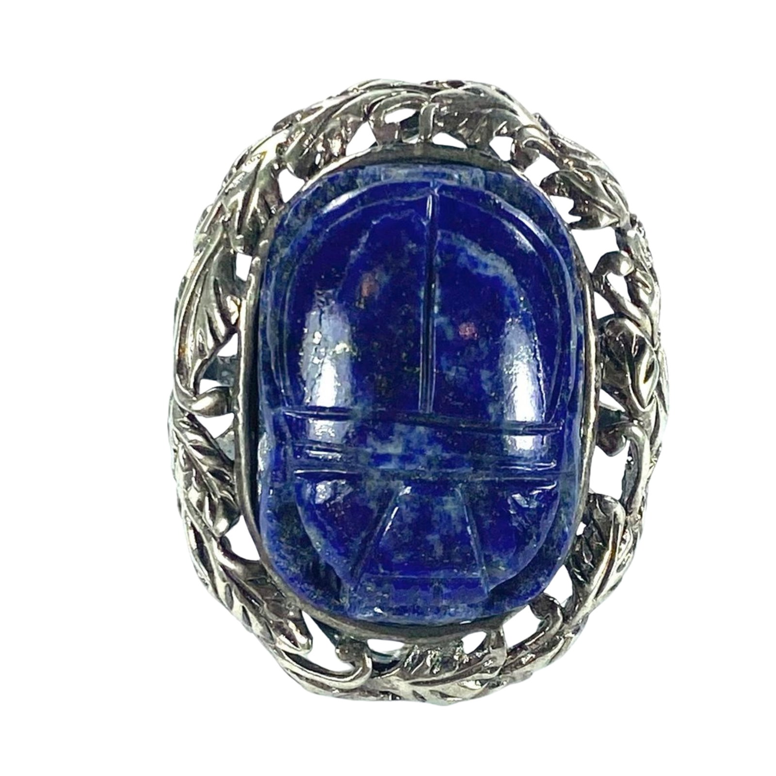 Imposing Hand-carved Sterling (925) Silver Lapis Lazuli Scarab Ring: . Size Size S : Total Weight 31.1gms Medium Jewelry