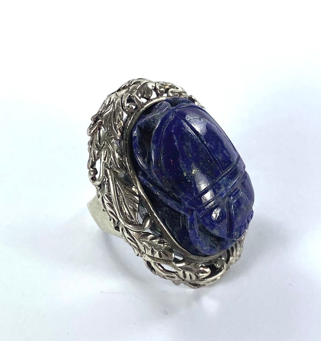 Imposing Hand-carved Sterling (925) Silver Lapis Lazuli Scarab Ring - 2