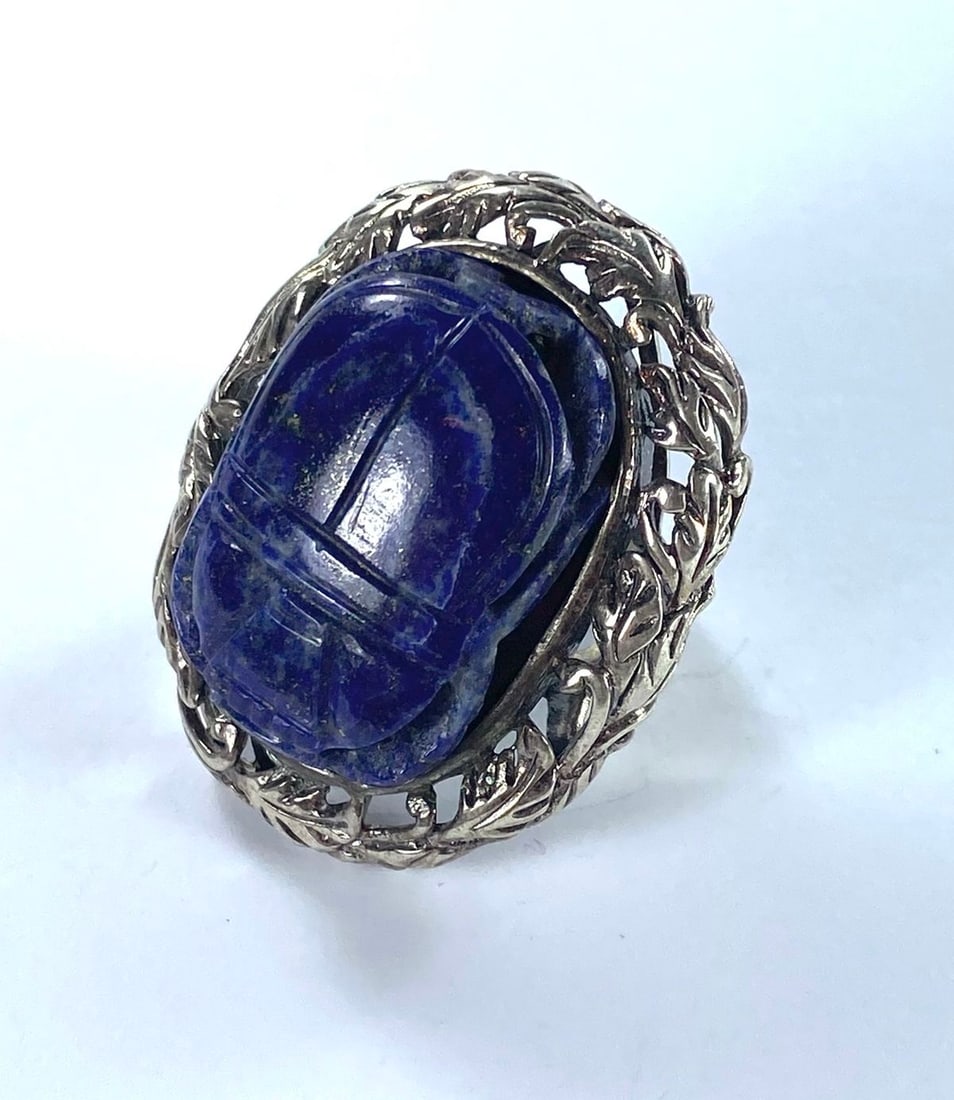 Imposing Hand-carved Sterling (925) Silver Lapis Lazuli Scarab Ring - 3