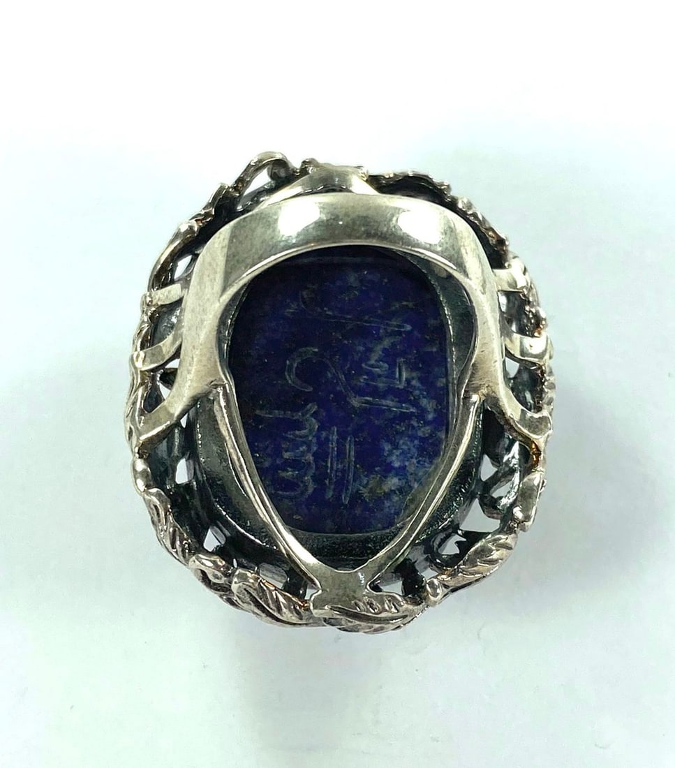 Imposing Hand-carved Sterling (925) Silver Lapis Lazuli Scarab Ring - 4