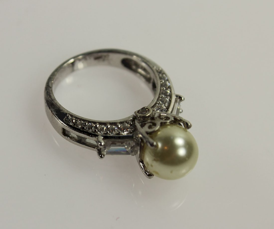 Faux Pearl & Diamond Ring in Sterling (925) Silver - 2