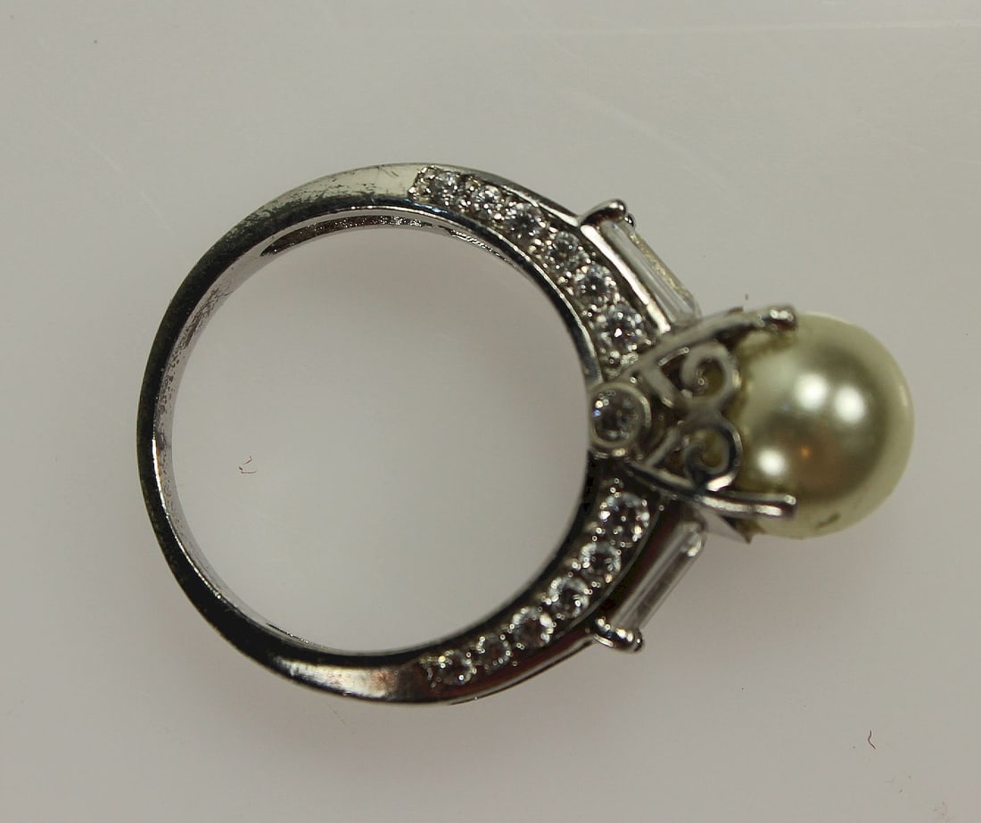 Faux Pearl & Diamond Ring in Sterling (925) Silver - 3