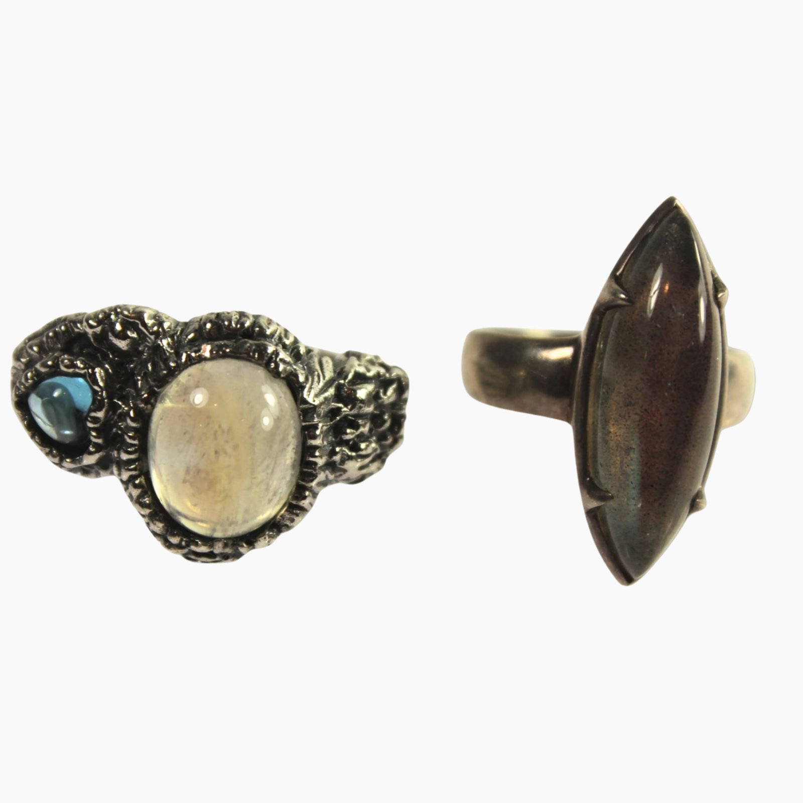 Labradorite & Moonstone & Topaz Rings in Sterling (925) Silver Settings (2 items): . Size Sizes P & R Medium Jewelry