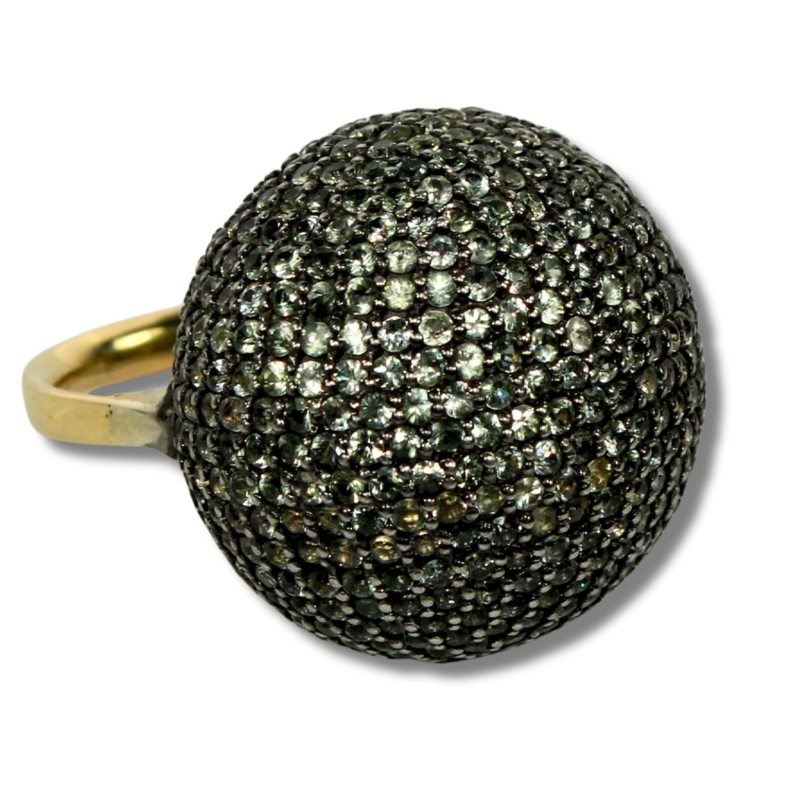 Green Sapphire 'Bombe' Cocktail Ring in 9ct Yellow Gold: 100+ Micro-set Green Sapphires Size Size N : Total weight 15.49gms Medium Jewelry