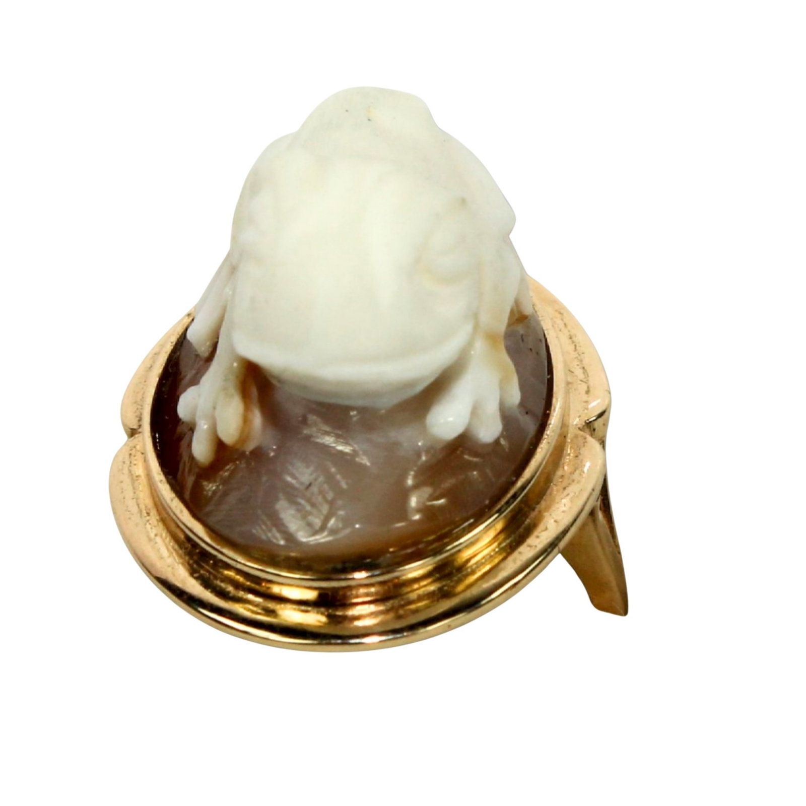 Shell Cameo Frog Ring in 9ct Yellow Gold: High-relief Size Size N : Total weight 10.91gms Medium Jewelry