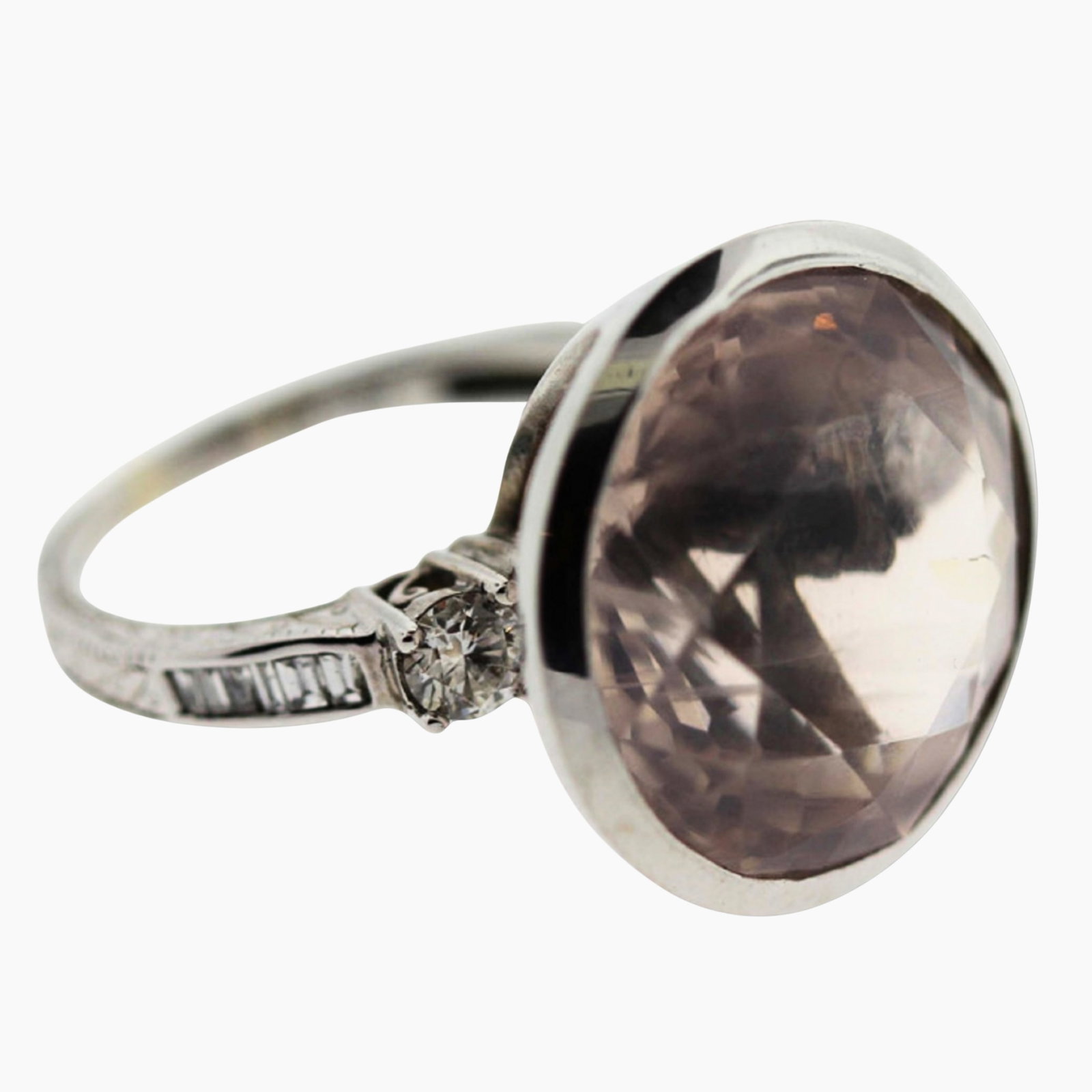 Imposing Mixed Carat White Gold Kunzite Ring with intricate Diamond Set Band: Stone mount surround tests 9ct & Band 18ct Size Size N : Total weight 11.21gms Medium Jewelry