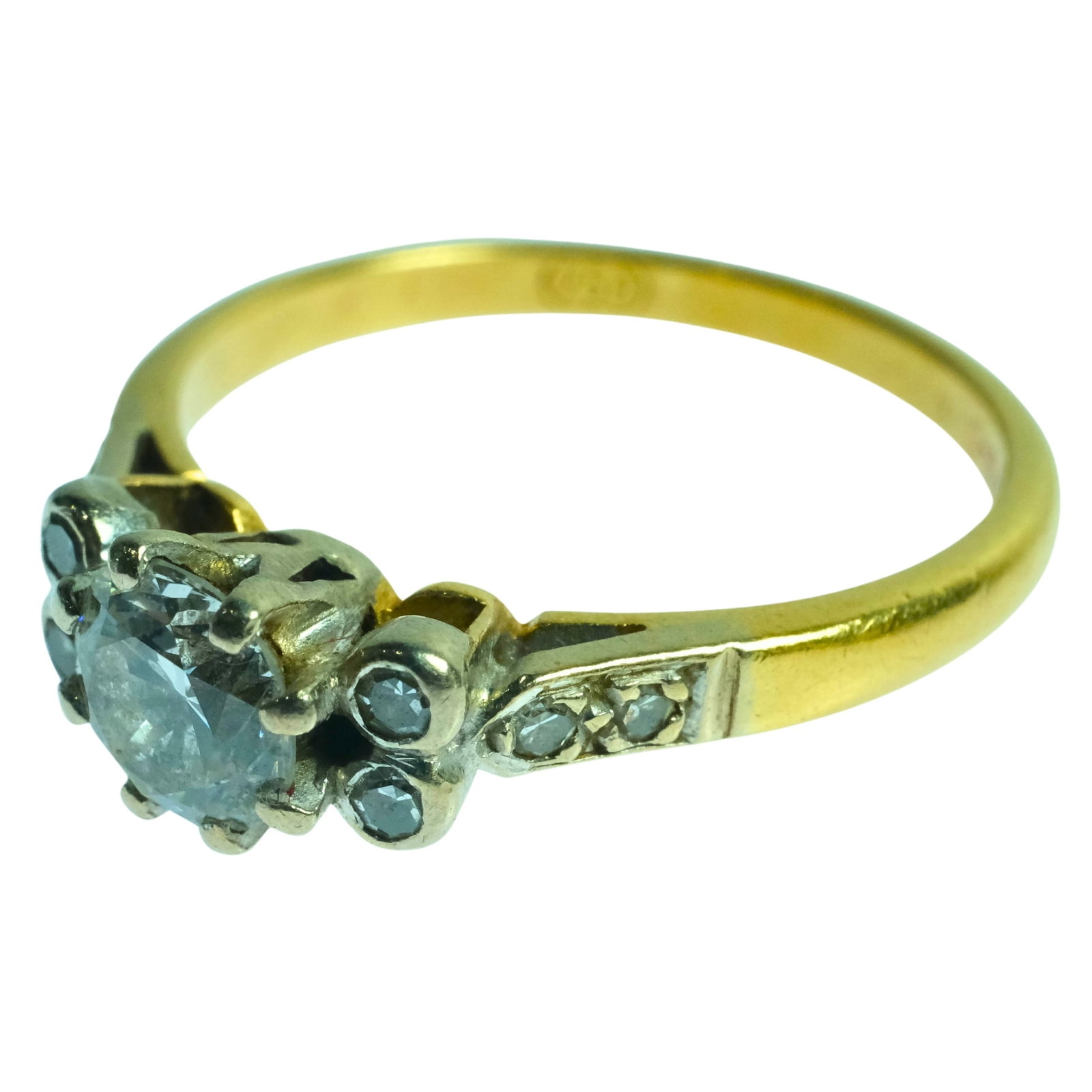 Diamond Ring in 18ct Yellow Gold: Central Stone flanked by four smaller Diamonds Size Size M 1/2 : Total weight 2.94gms Medium Jewelry