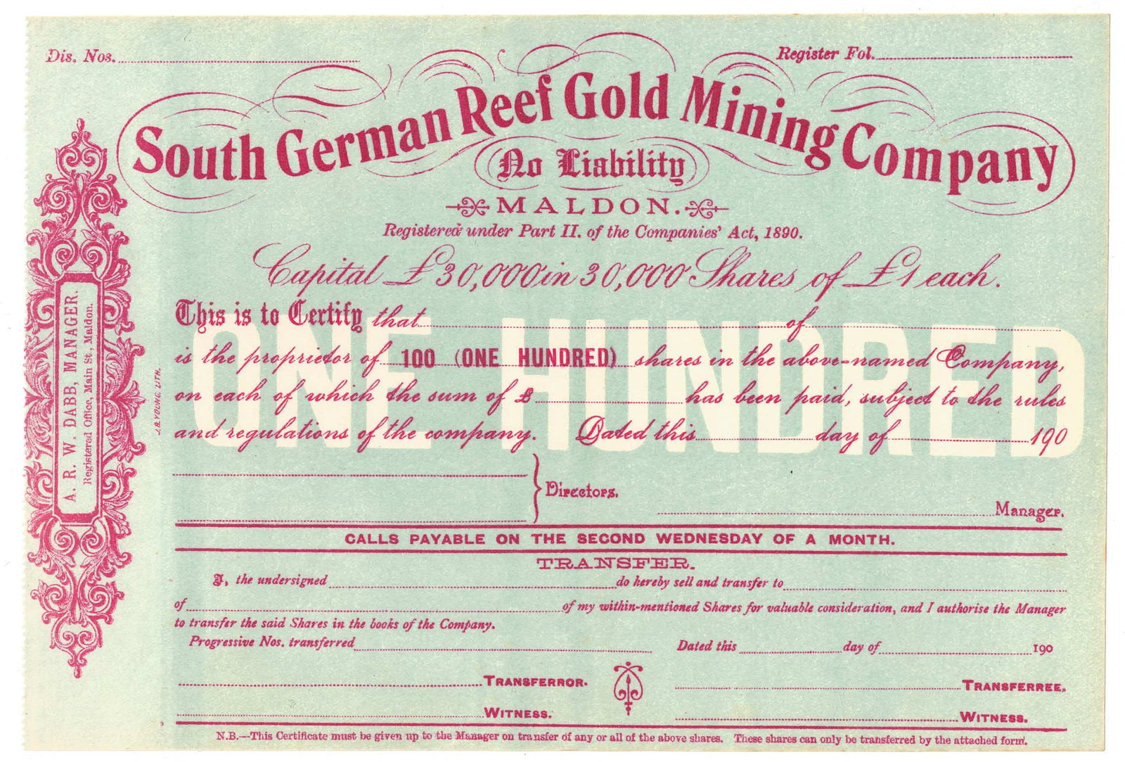Australian Share Certificate - South German Reef Gold Mining Company circa 1900: Unissued. 100 shares at £1 Medium Collectables