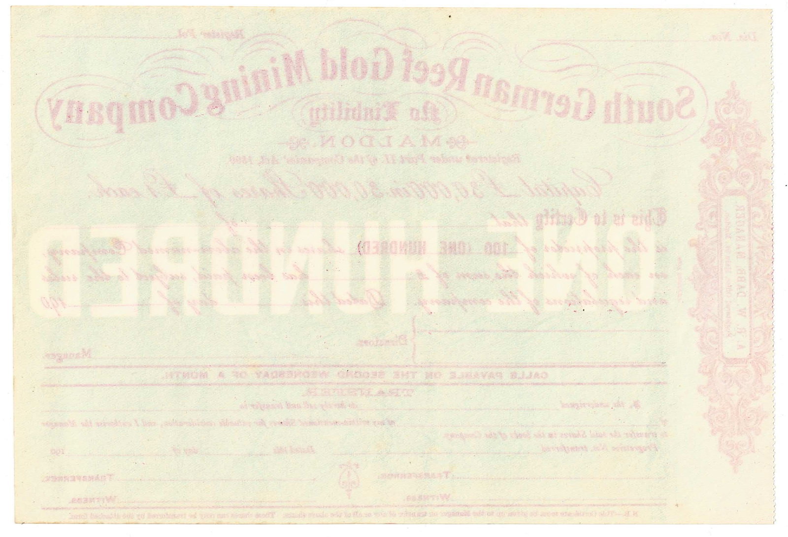 Australian Share Certificate - South German Reef Gold Mining Company circa 1900 - 2