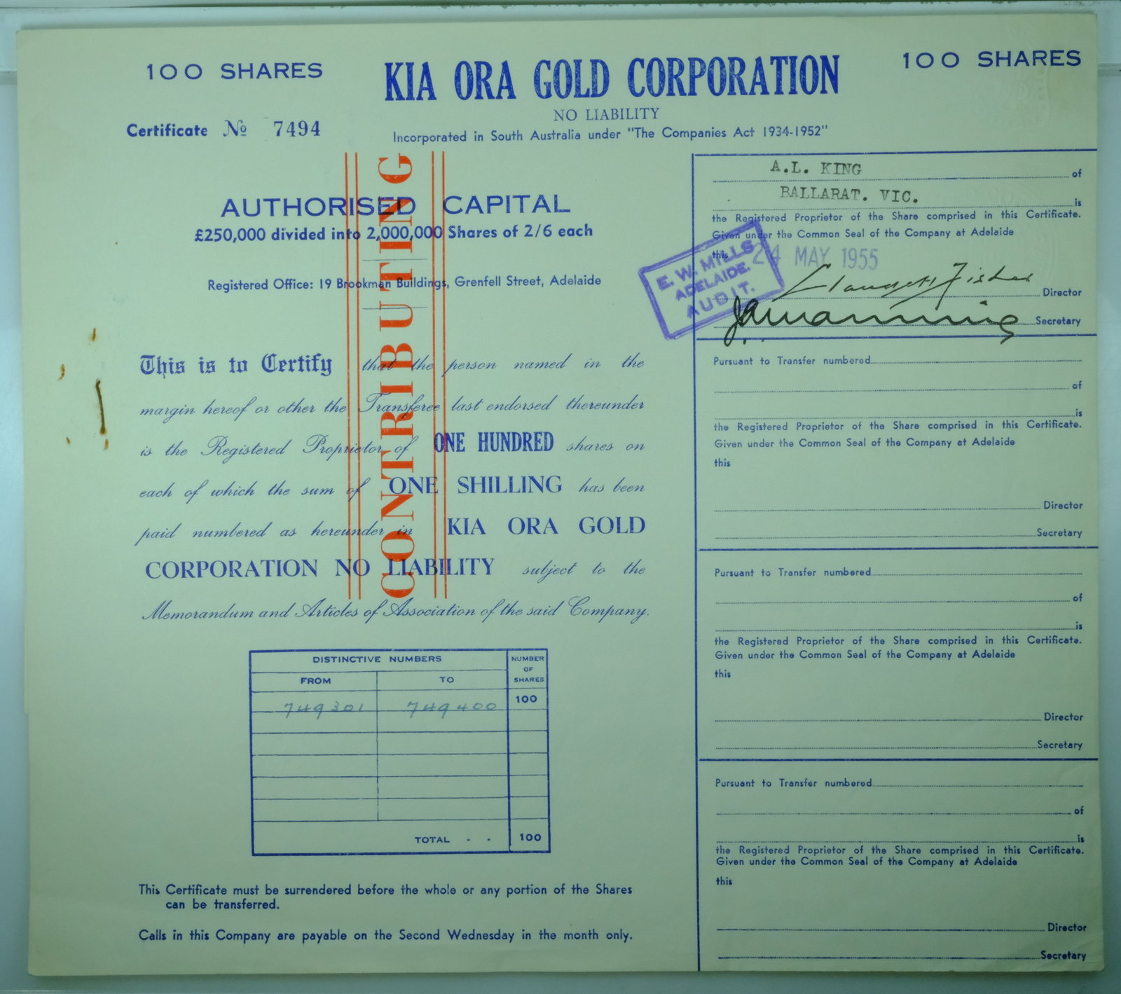 Australian Share Certificate - Kia Ora Gold Corporation, Adelaide. 24 May 1955: Certificate# 7494, 100 Shares at 1 Shilling Medium Collectables