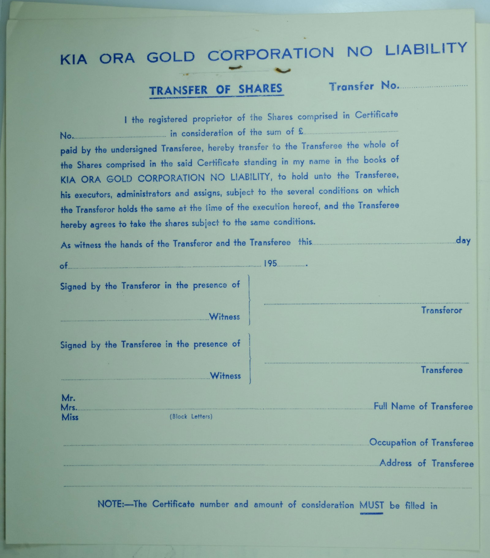 Australian Share Certificate - Kia Ora Gold Corporation, Adelaide. 24 May 1955 - 2