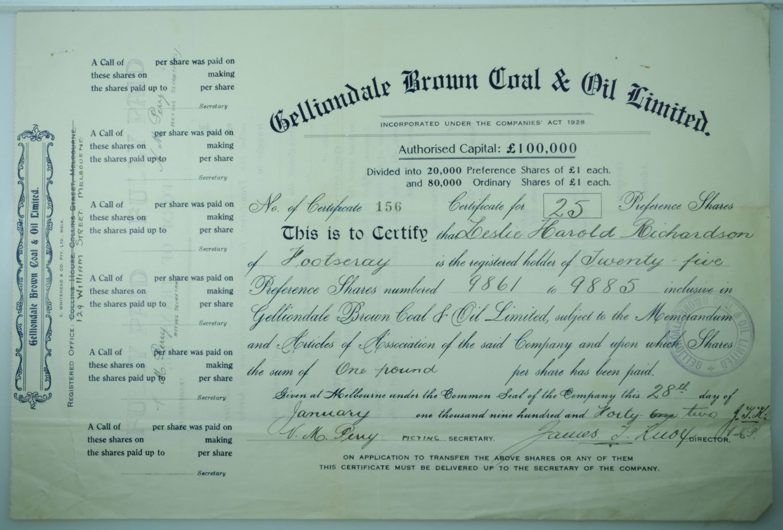 Australian Share Certificate - Gelliondale Brown Coal & Oil Ltd, Melbourne, 28 January 1942: Certificate# 156, 25 Shares at £1 each Medium Collectables