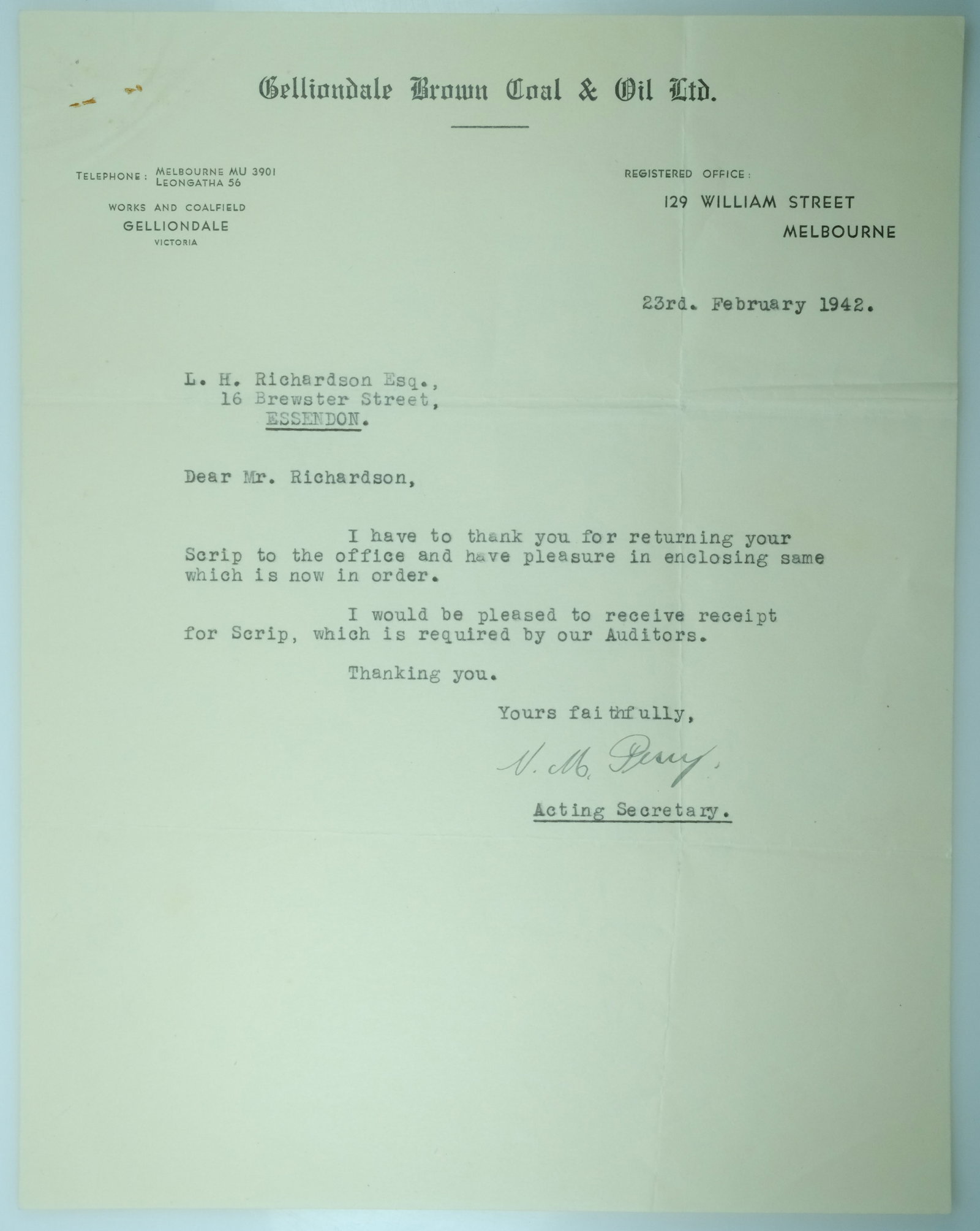 Australian Share Certificate - Gelliondale Brown Coal & Oil Ltd, Melbourne, 28 January 1942 - 2