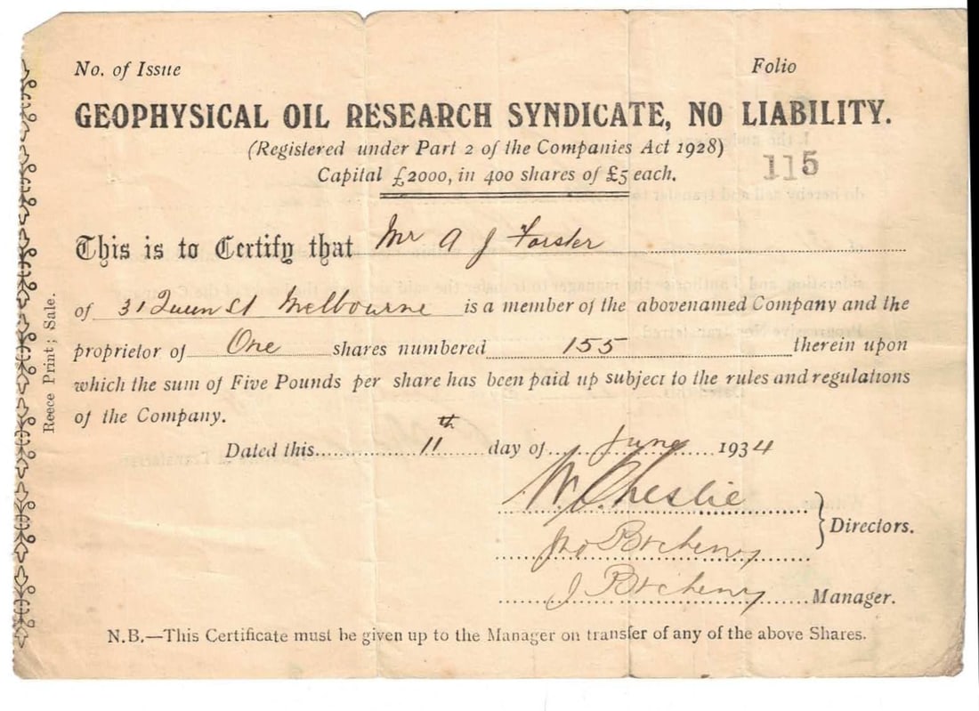 Australian Share Certificate - Geophysical Oil Research Syndicate, 11 June 1934 (1 of 2)