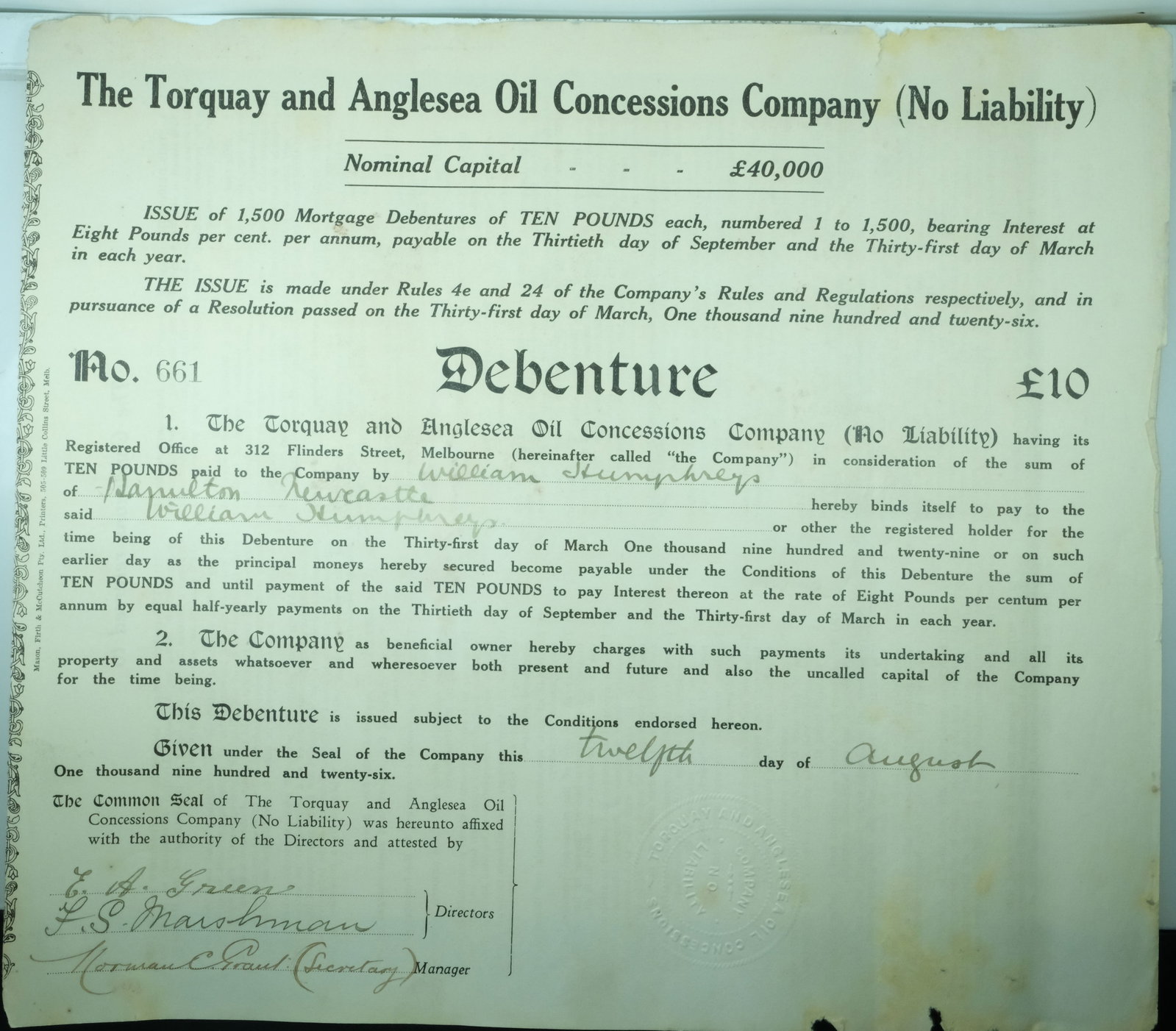 Australian Share Certificate - The Torquay and Anglesea Oil Concessions Company, 12 October 1926: Certificate# 661, £10 Debenture Medium Collectables